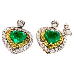 4.43 Carat Emerald and Diamond 18 Karat Gold Pair of Heart Earrings