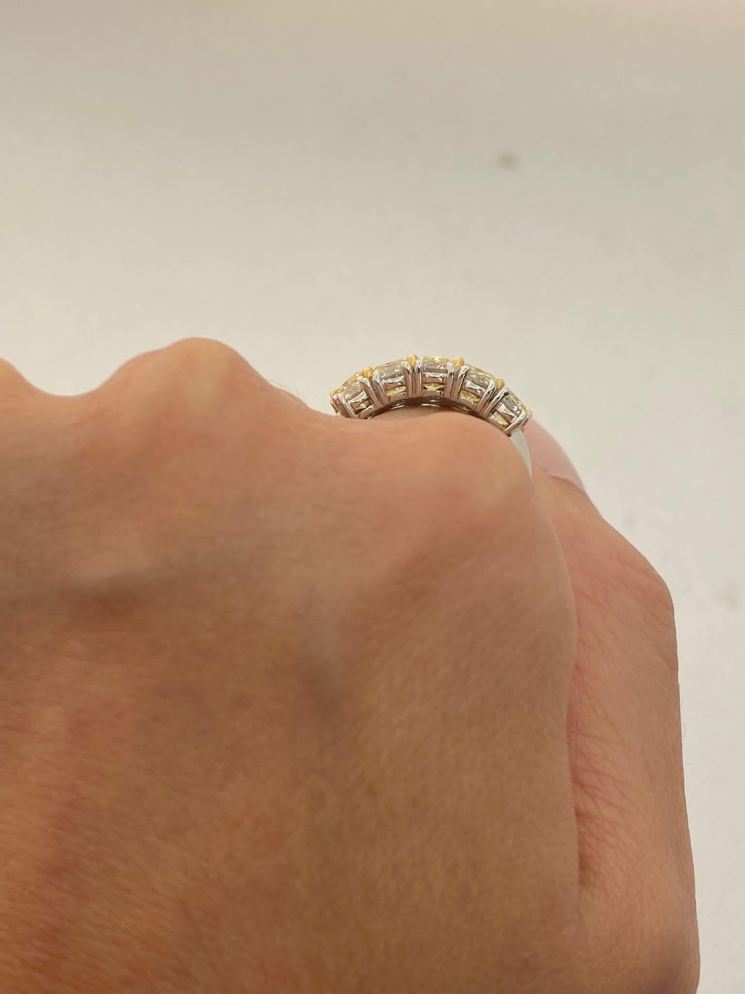 4.43 Carat Fancy Yellow Radiant Cut and White Diamond Band Ring In New Condition For Sale In New York, NY