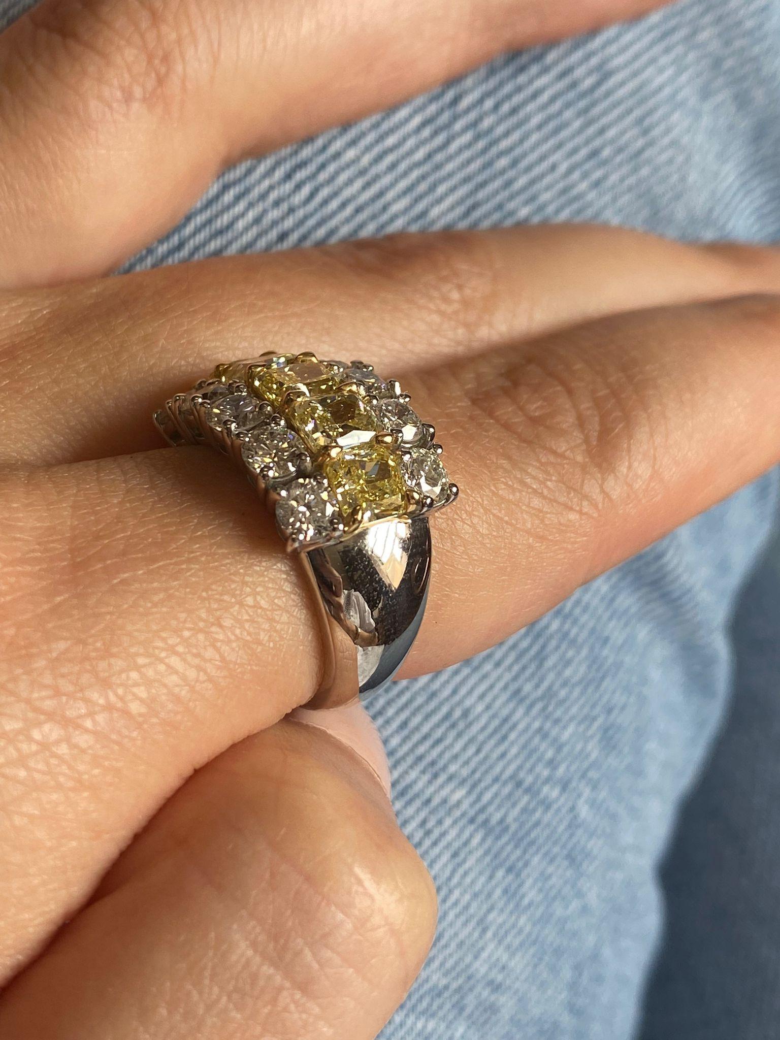Men's 4.43 Carat Fancy Yellow Radiant Cut and White Diamond Band Ring