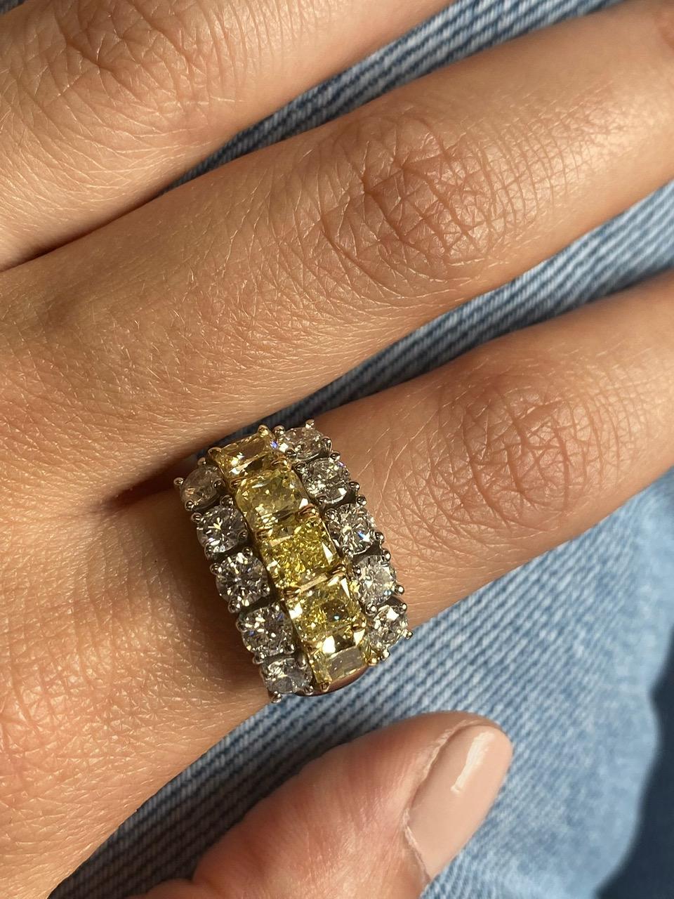 4.43 Carat Fancy Yellow Radiant Cut and White Diamond Band Ring For Sale 1