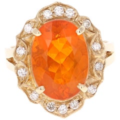 4.43 Carat Fire Opal Diamond 14 Karat Yellow Gold Cocktail Ring