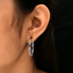4.43 Carat Princess Cut Multi Sapphire Hoop Earrings 14 Karat White Gold Jewelry