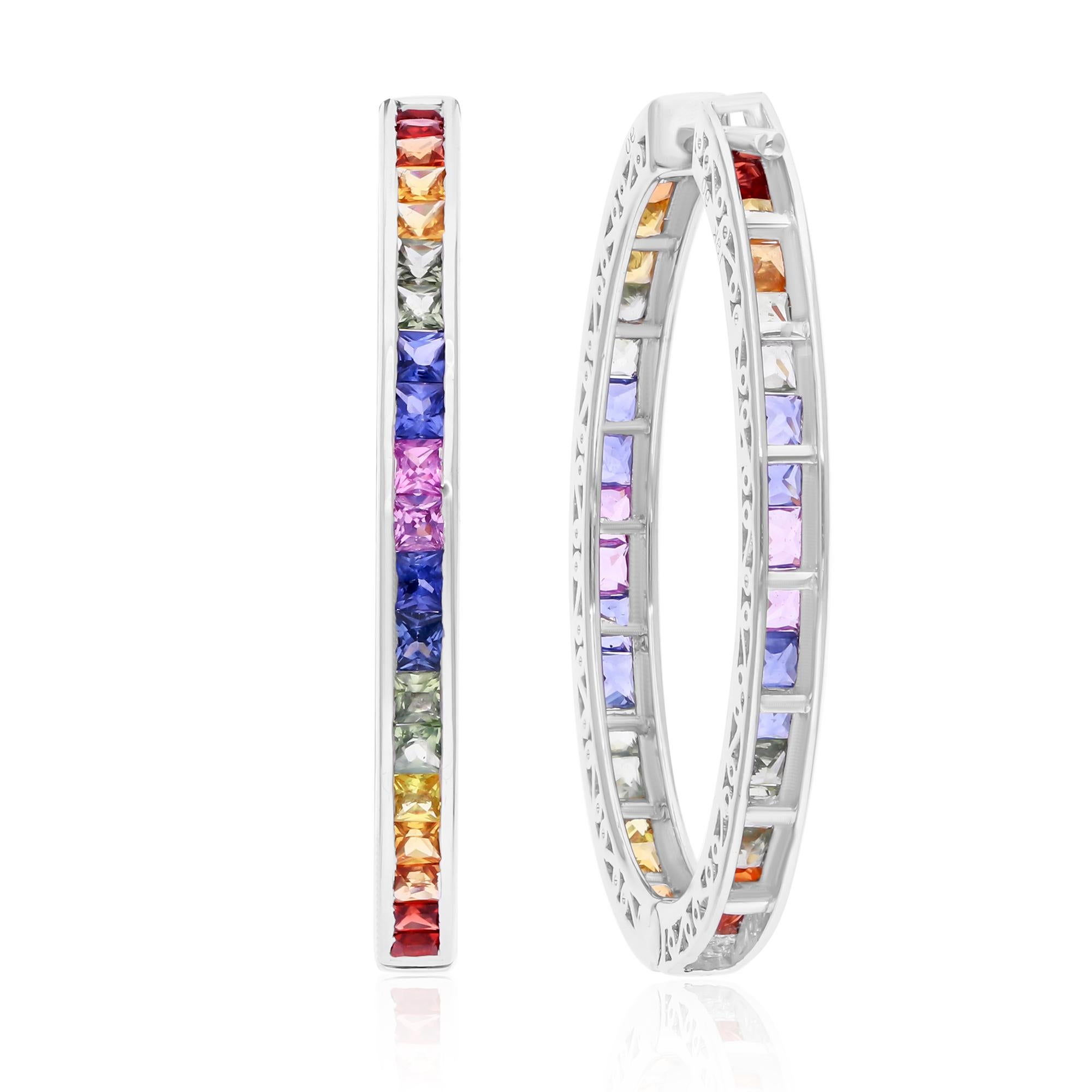 Modern 4.43 Carat Multi Sapphire Gemstone Hoop Earrings 18 Karat White Gold Jewelry For Sale