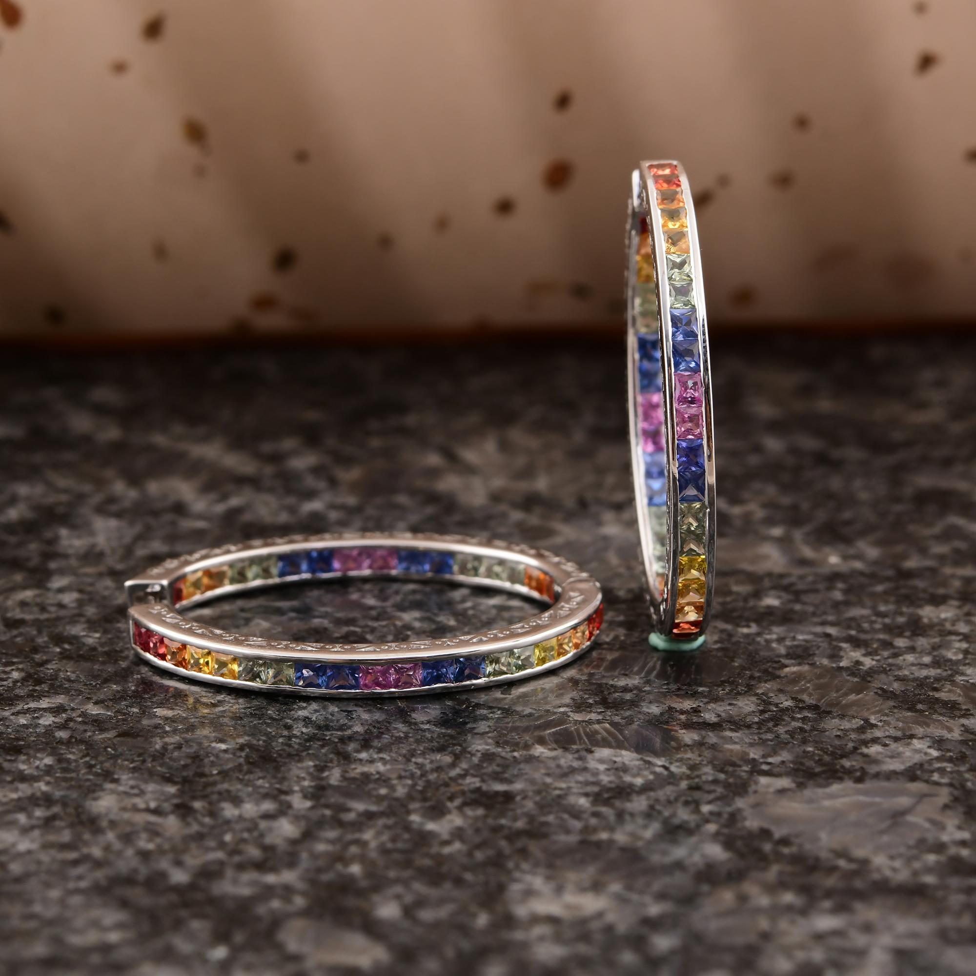 Princess Cut 4.43 Carat Multi Sapphire Gemstone Hoop Earrings 18 Karat White Gold Jewelry For Sale