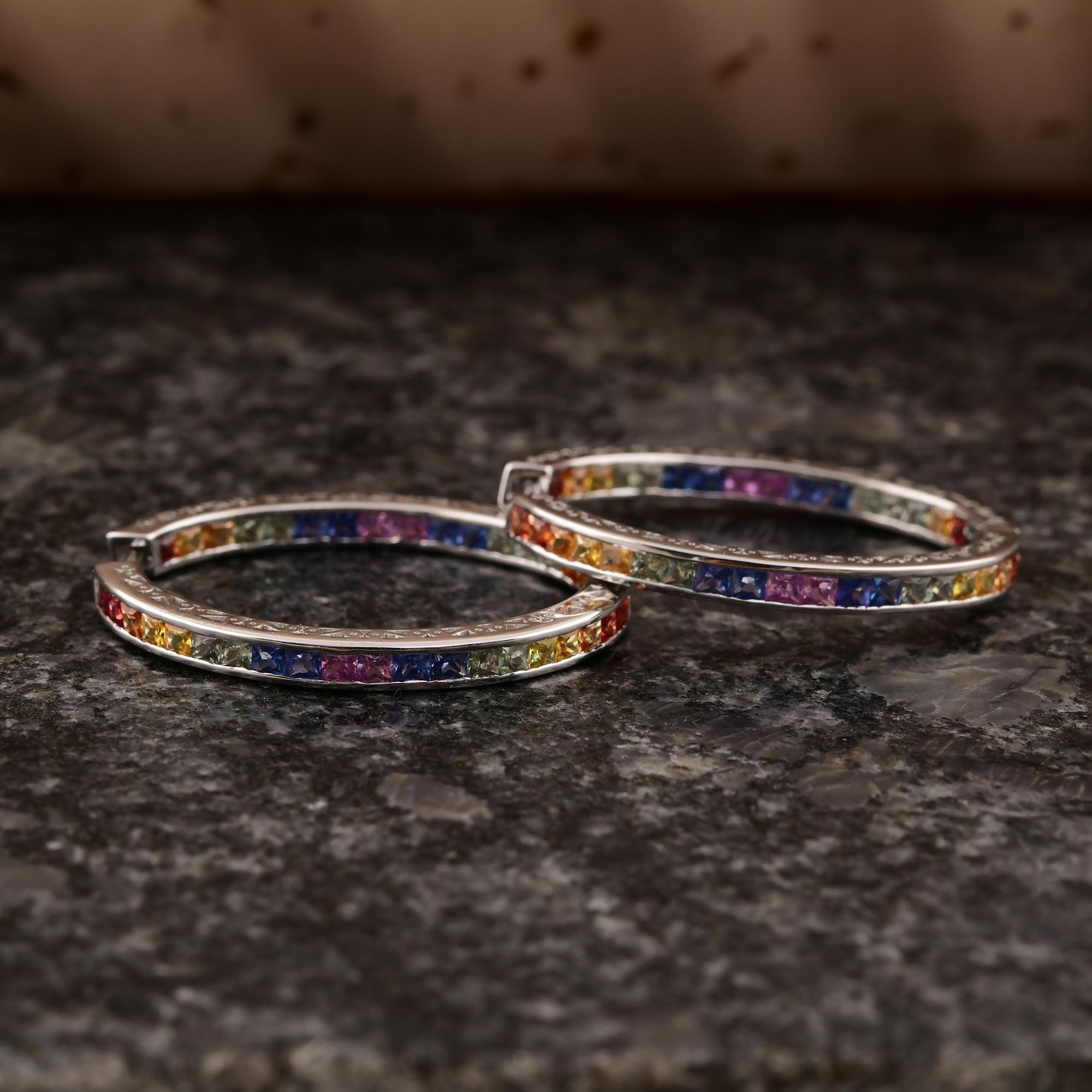 4.43 Carat Multi Sapphire Gemstone Hoop Earrings 18 Karat White Gold Jewelry In New Condition For Sale In Diera, Dubai