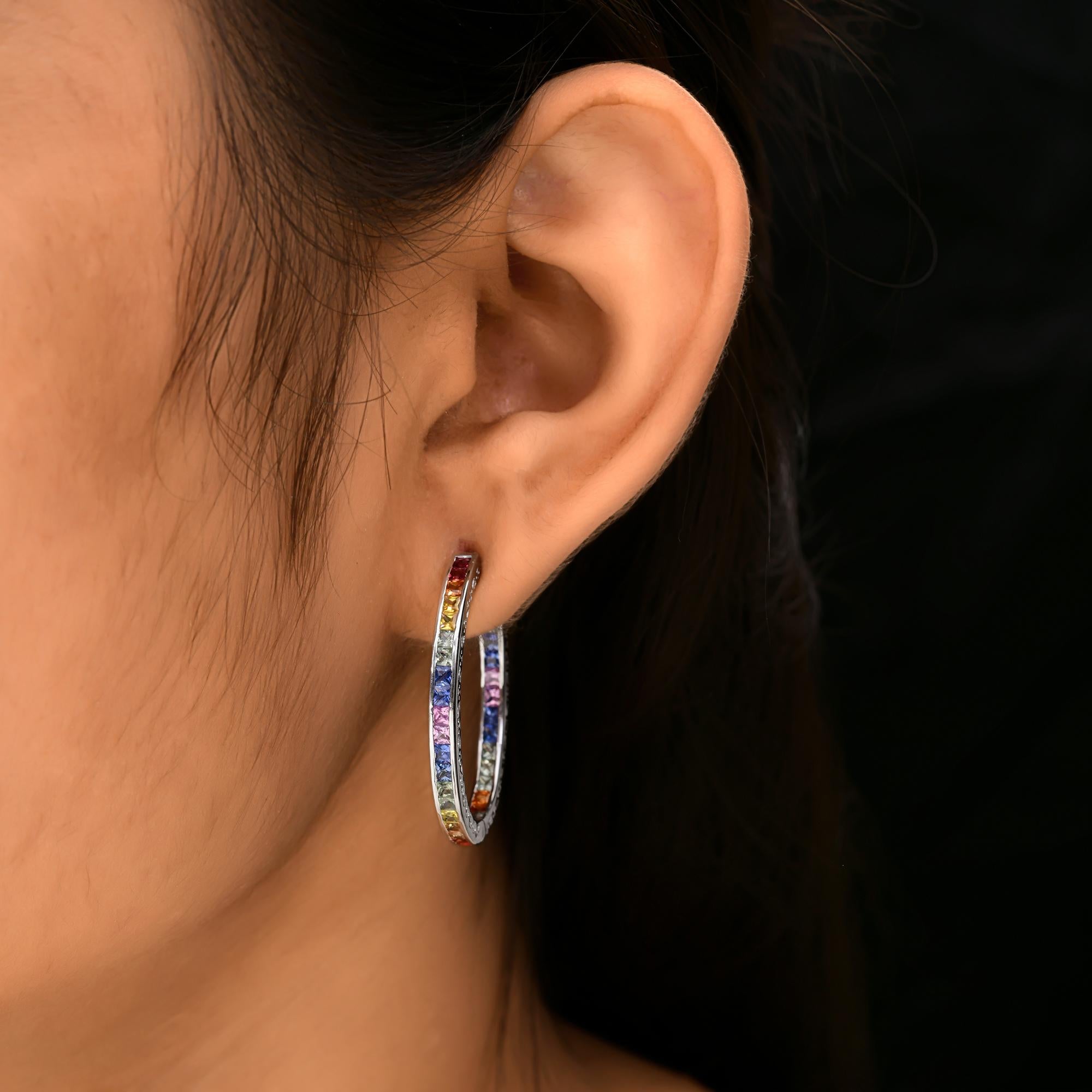 Women's 4.43 Carat Multi Sapphire Gemstone Hoop Earrings 18 Karat White Gold Jewelry For Sale