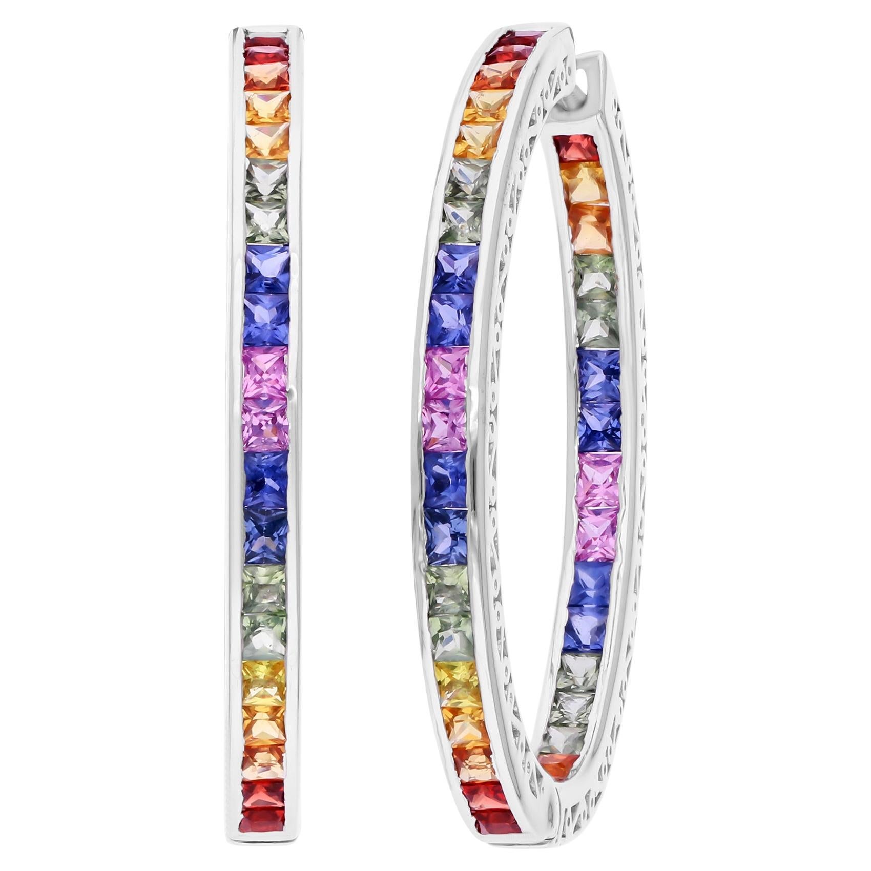 4.43 Carat Multi Sapphire Gemstone Hoop Earrings 18 Karat White Gold Jewelry For Sale