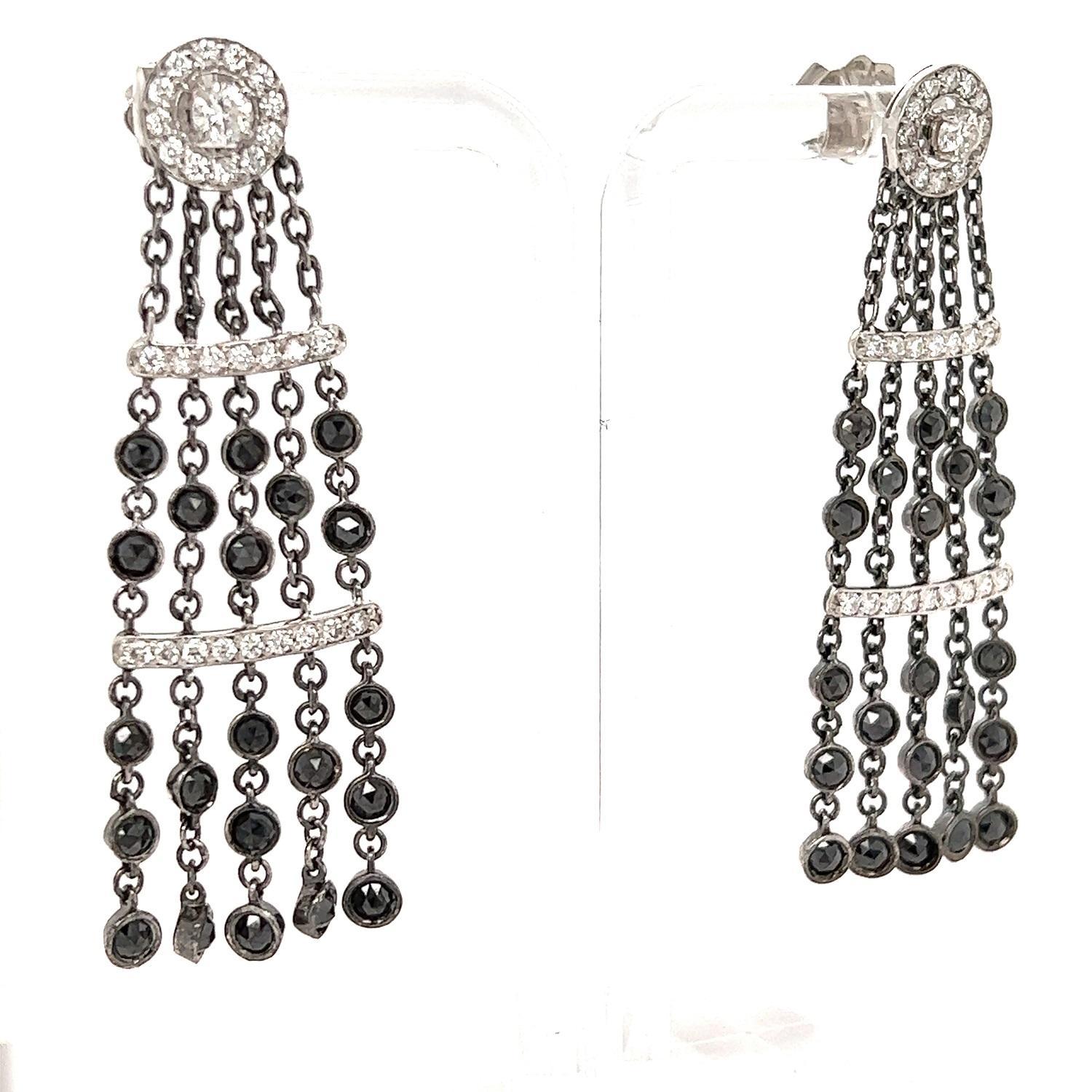 Contemporary 4.43 Carat Natural Black Diamond White Diamond White Gold Dangle Earrings For Sale