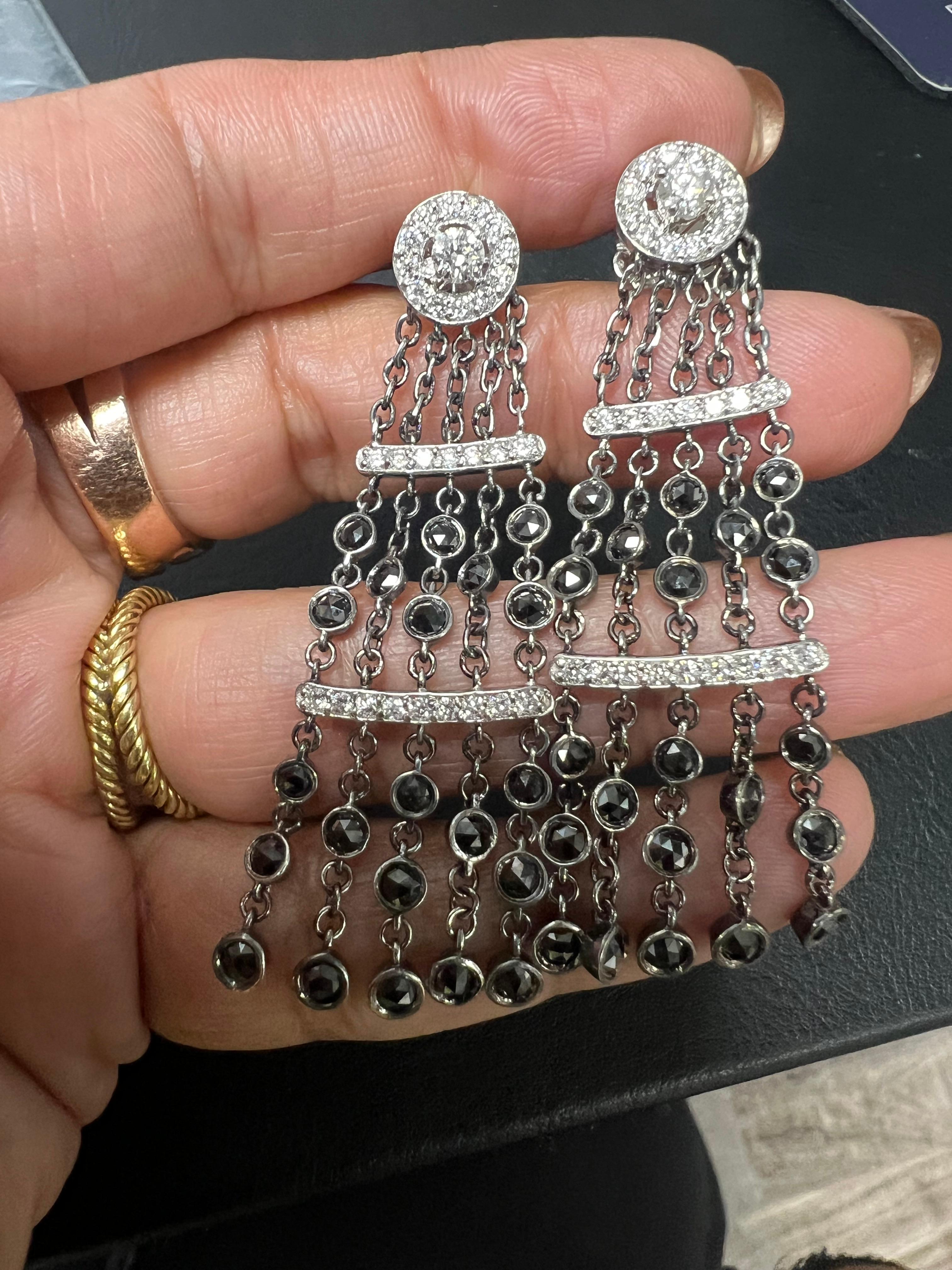 4.43 Carat Natural Black Diamond White Diamond White Gold Dangle Earrings For Sale 1