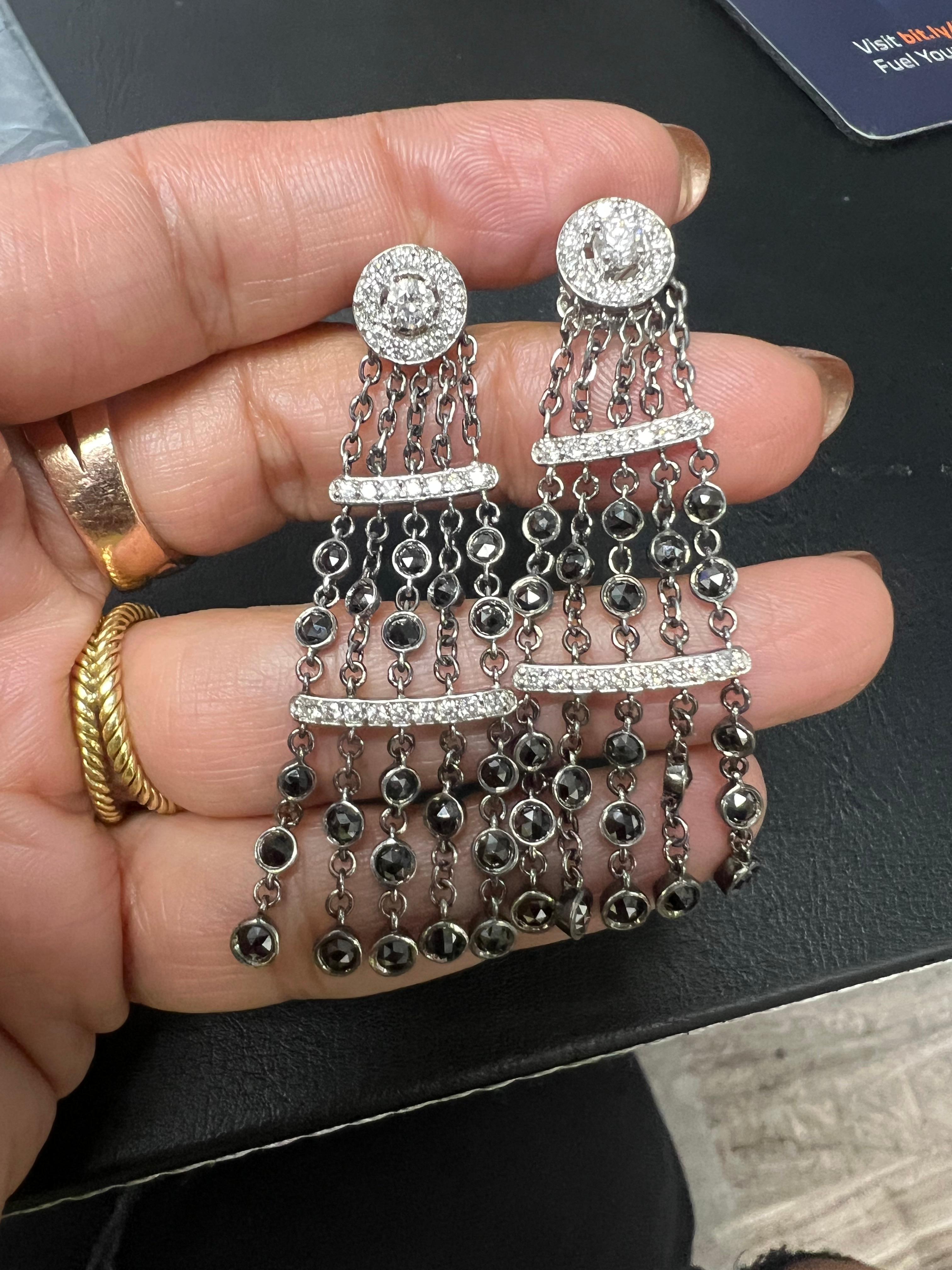 4.43 Carat Natural Black Diamond White Diamond White Gold Dangle Earrings For Sale 2