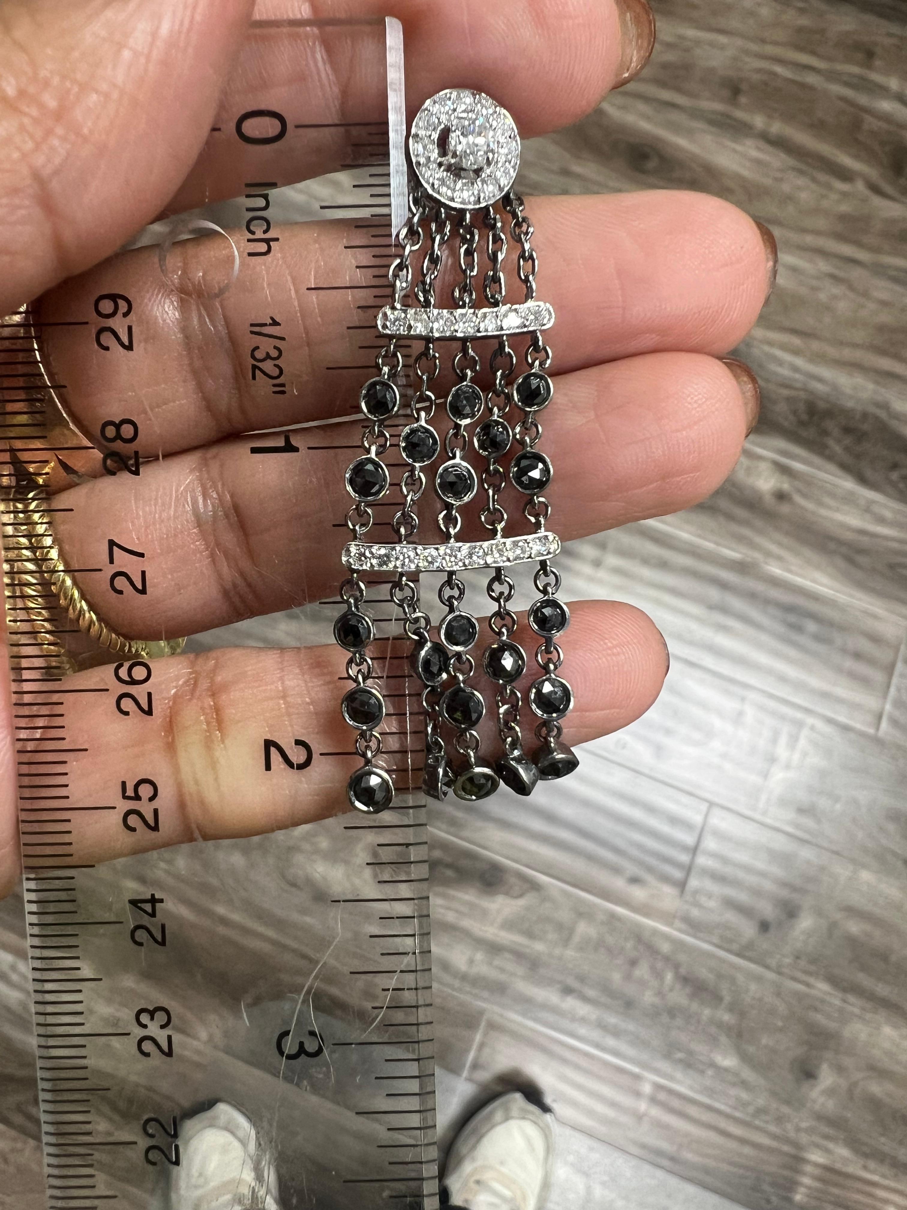 4.43 Carat Natural Black Diamond White Diamond White Gold Dangle Earrings For Sale 3