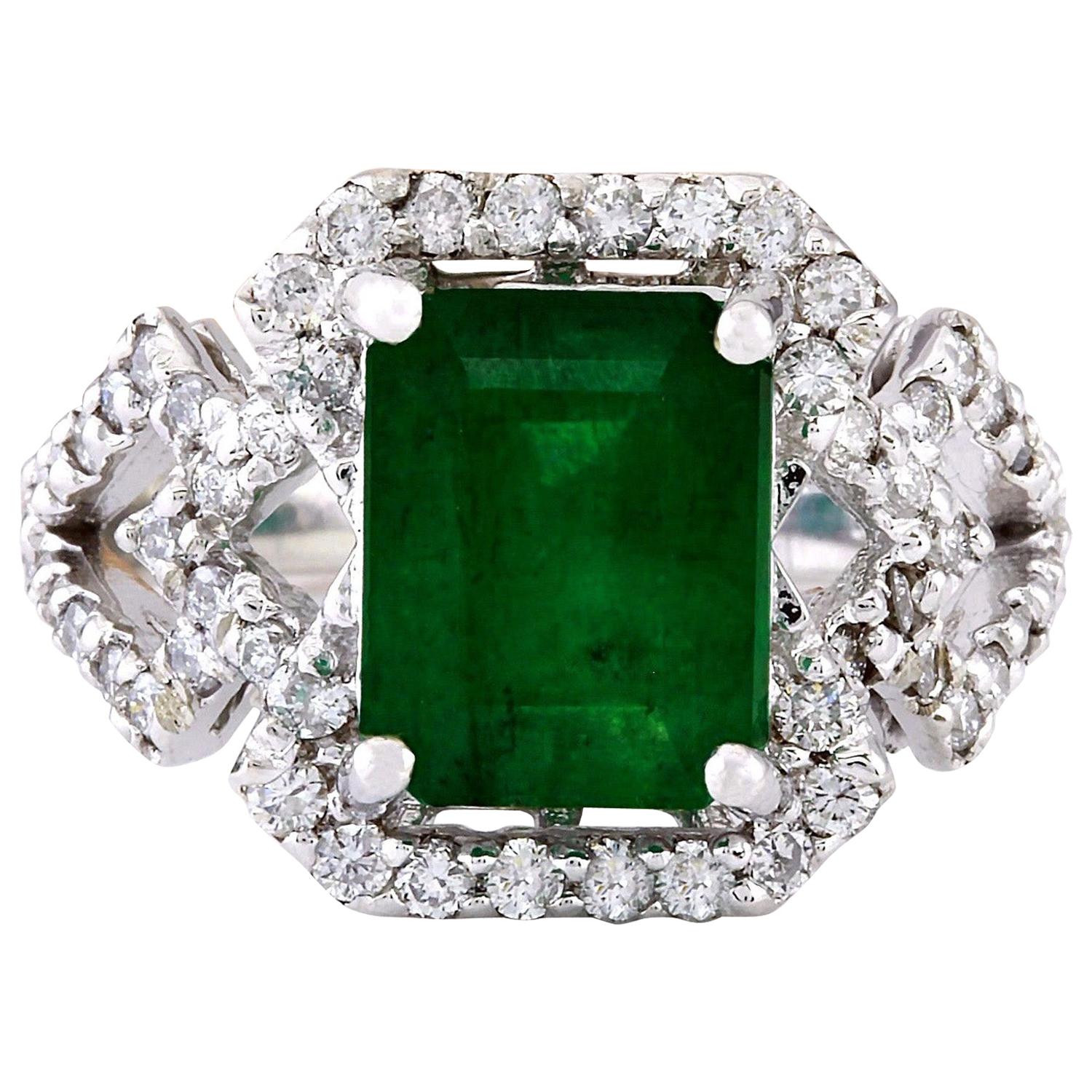 Emerald Diamond Ring In 14 Karat Solid White Gold 
