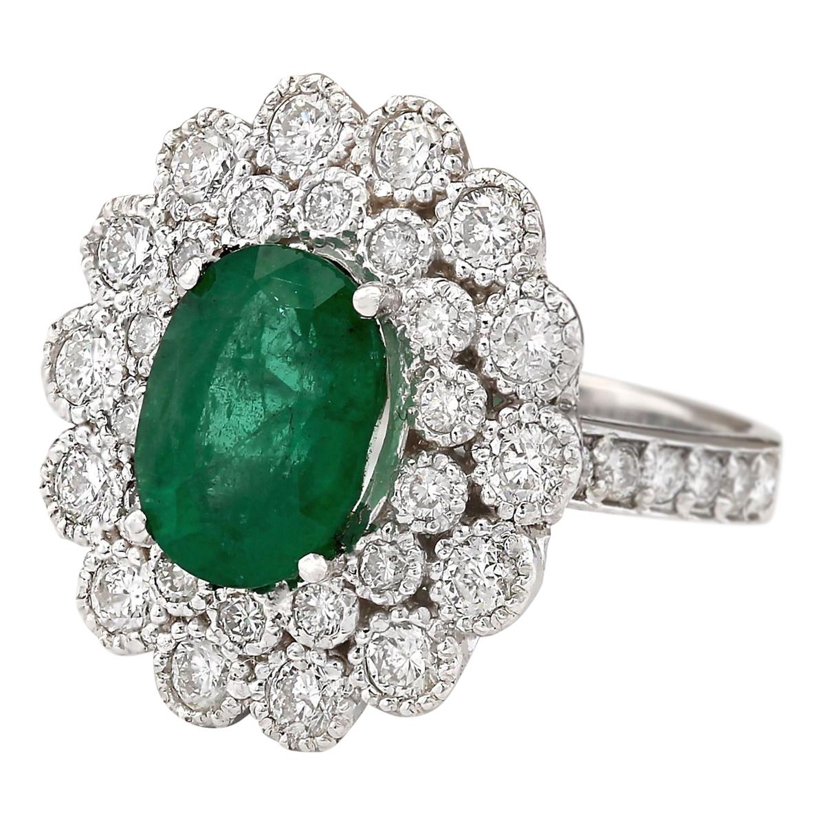 Stamped: 14K White Gold
Total Ring Weight: 8.7 Grams
 Total Natural Emerald Weight is 3.23 Carat (Measures: 10.00x8.00 mm)
Color: Green
Total Natural Diamond Weight is 1.20 Carat
Color: F-G, Clarity: VS2-SI1
Face Measures: 21.30x19.50 mm
Sku: