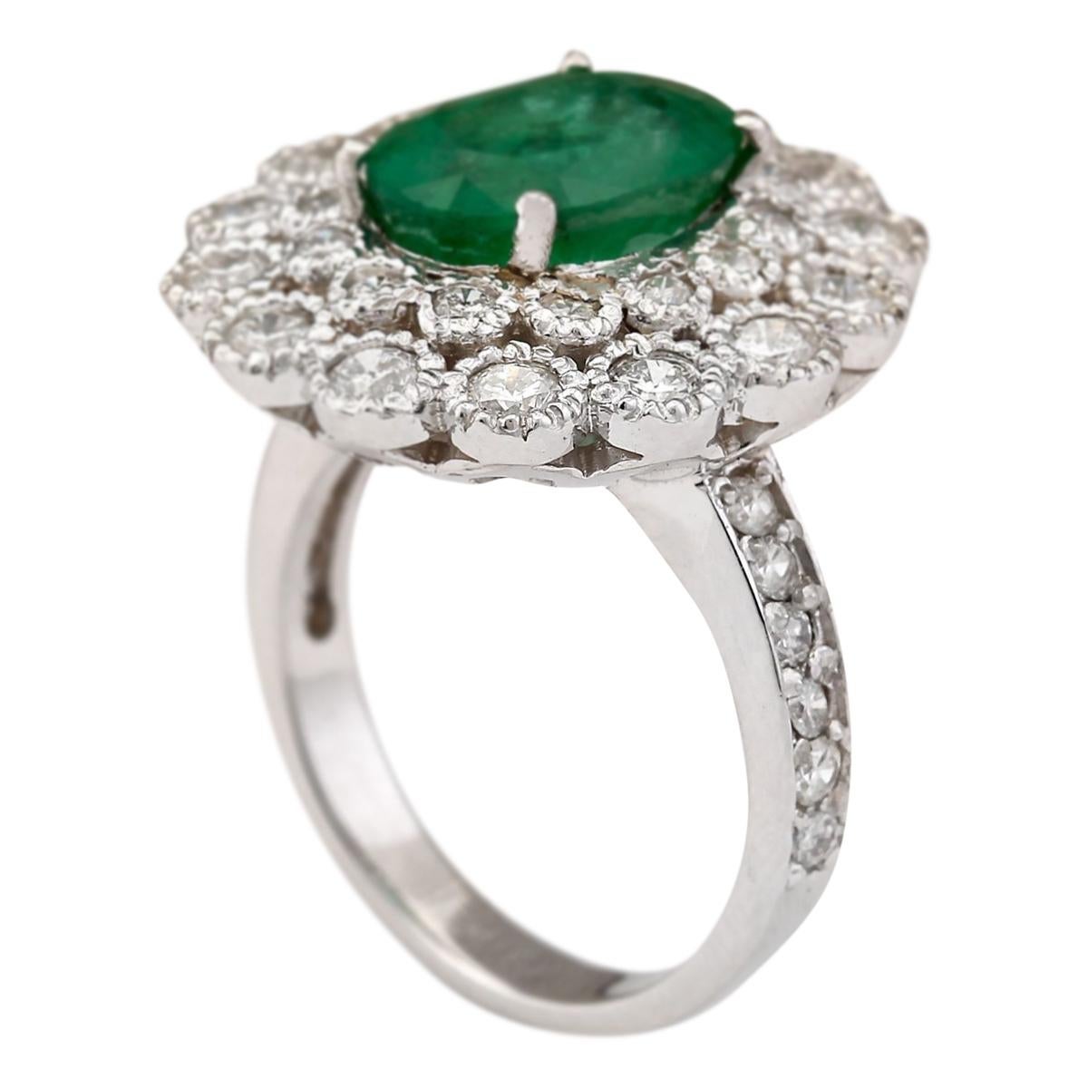 Oval Cut Natural Emerald Diamond Ring In 14 Karat White Gold For Sale
