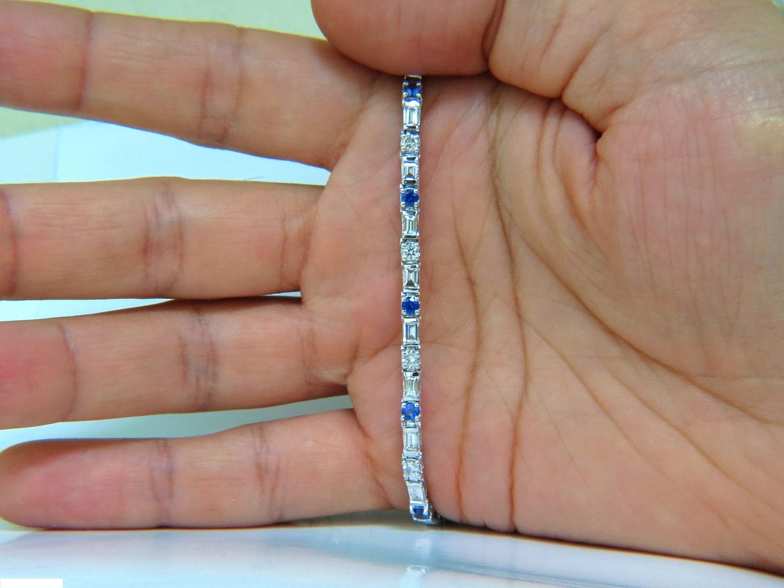 4.43 Carat Natural Fine Sapphire Diamonds Bracelet Baguette and Rounds 14 Karat 2