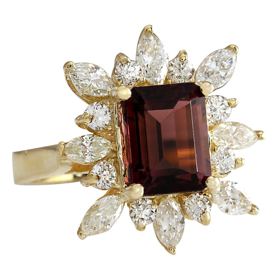 4.43 Carat Natural Tourmaline 14 Karat Yellow Gold Diamond Ring
Stamped: 14K Yellow Gold
Total Ring Weight: 5.9 Grams
Total Natural Tourmaline Weight is 2.93 Carat (Measures: 9.00x7.00 mm)
Color: Red
Total Natural Diamond Weight is 1.50 Carat
Color: