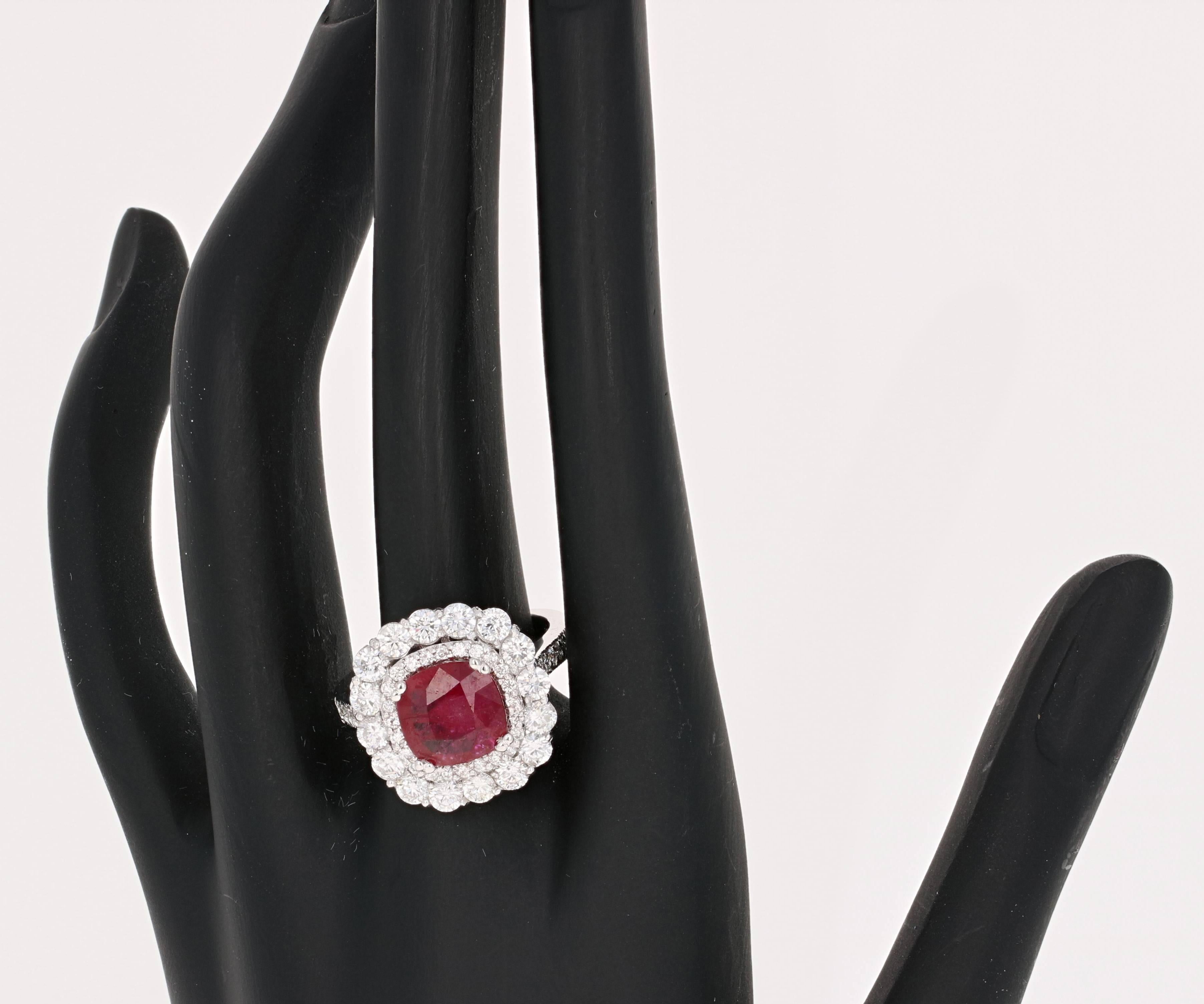 4.43 Carat Ruby Diamond White Gold Double Halo Ring In New Condition In Los Angeles, CA
