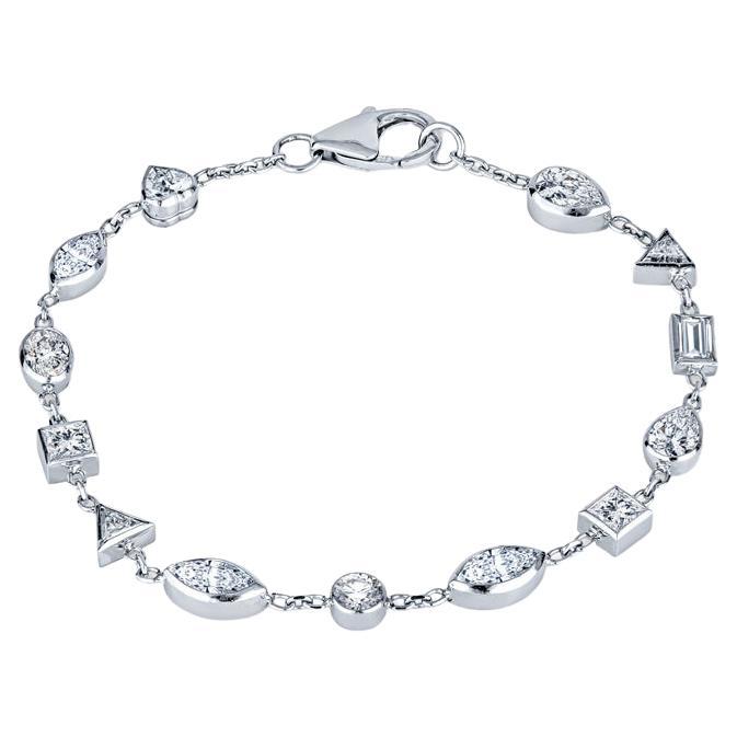 4.43 Carat Total Weight Mixed Shape Diamond Bezel Set Bracelet, 14k White Gold