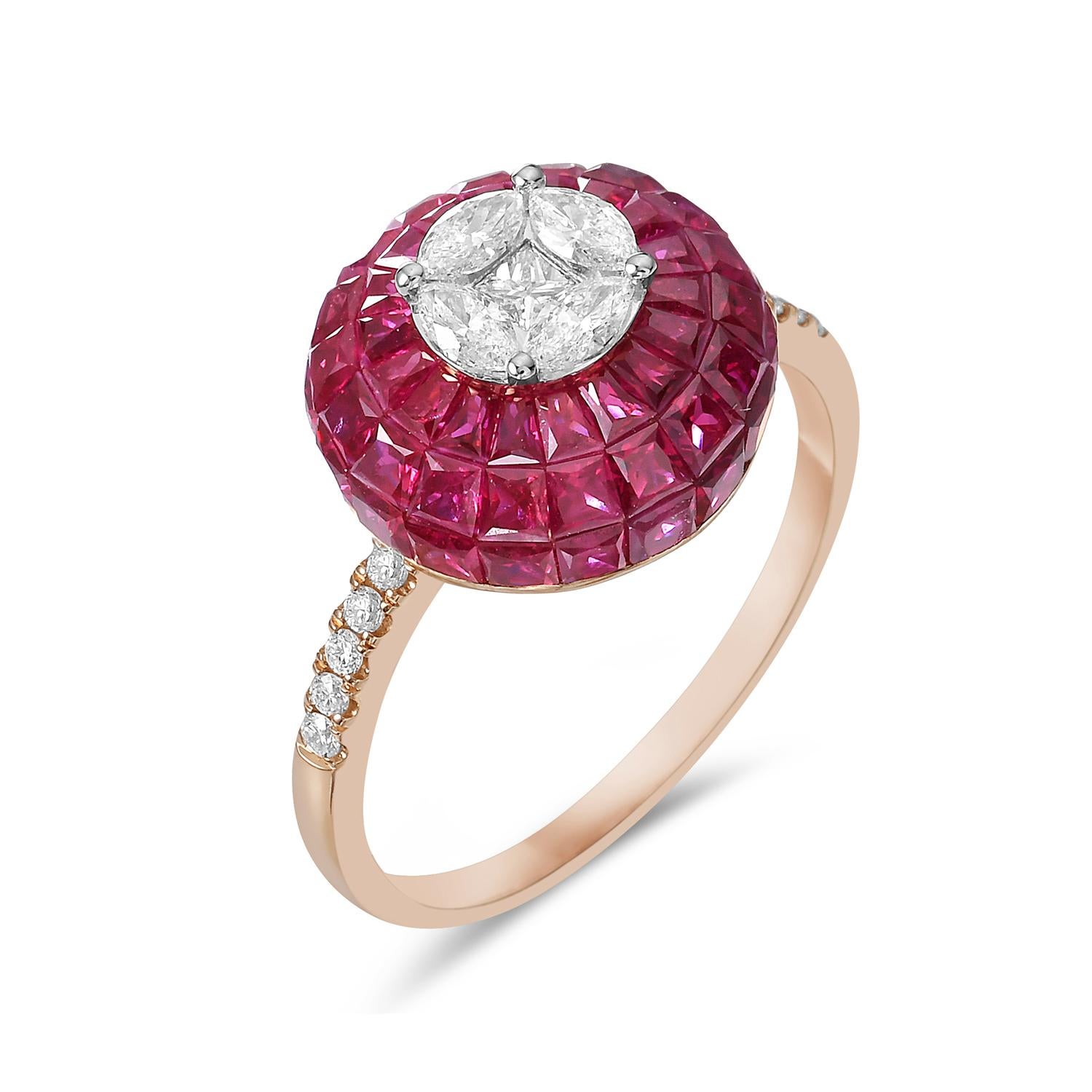 Artisan 4.43 Ct European Cut Ruby Cocktail Ring With Diamonds In 18k Gold For Sale