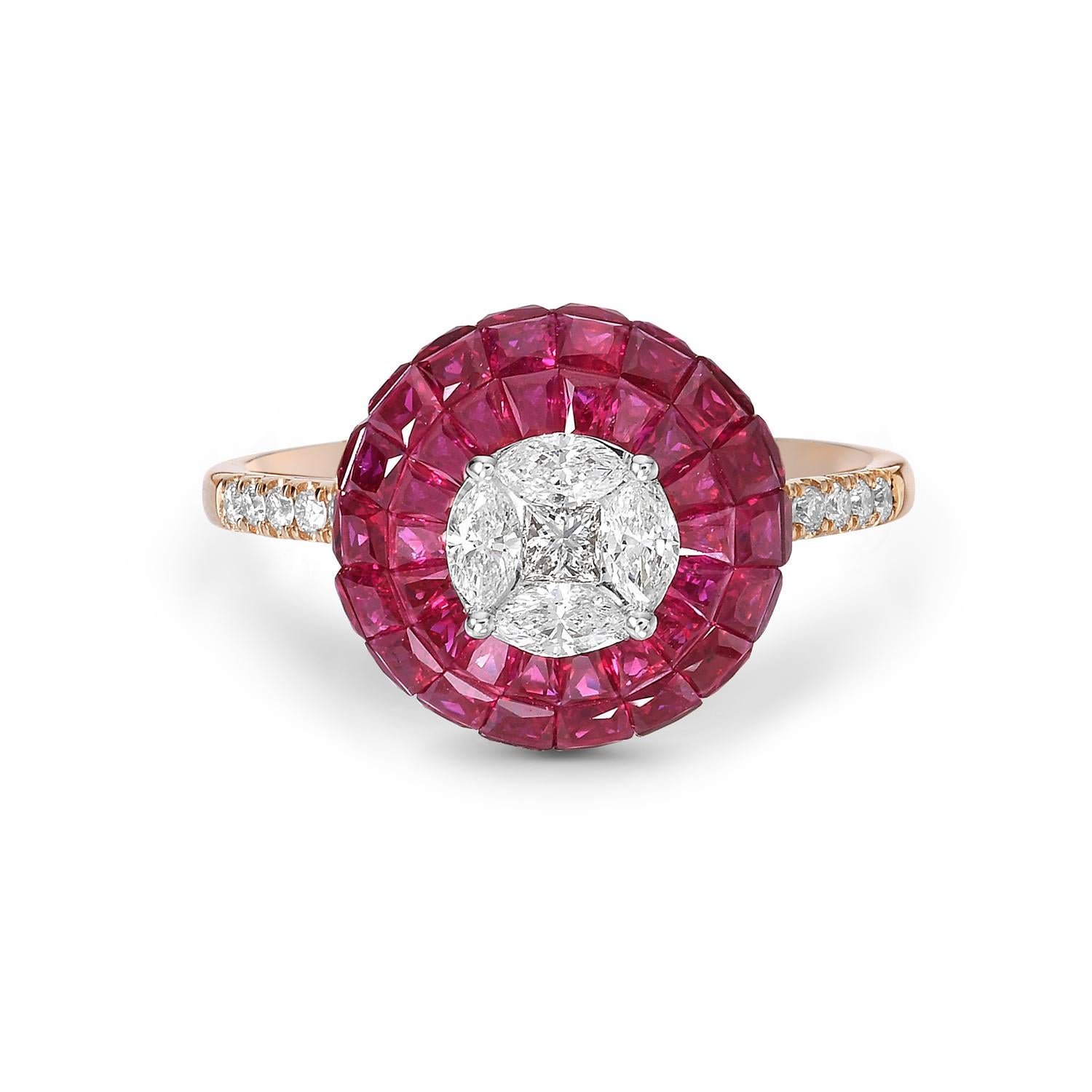 Mixed Cut 4.43 Ct European Cut Ruby Cocktail Ring With Diamonds In 18k Gold For Sale
