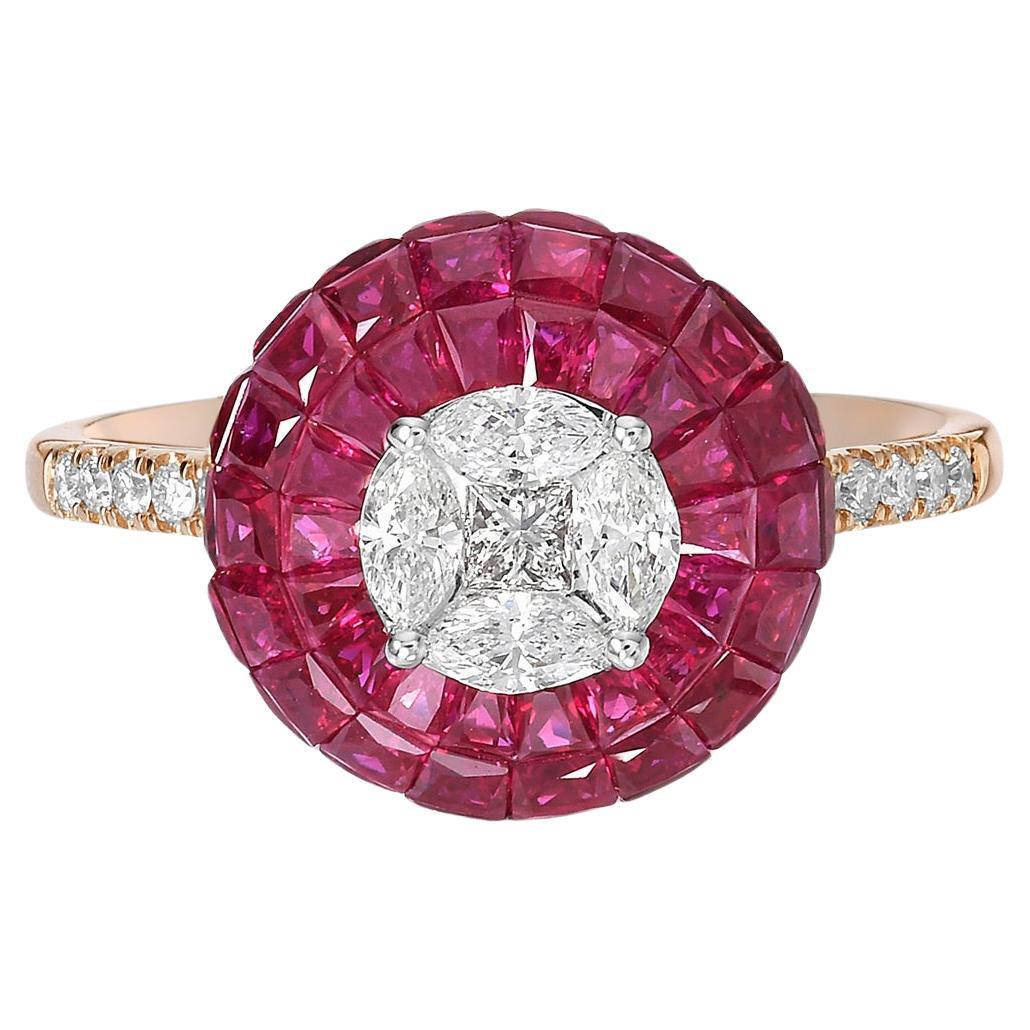 4.43 Ct European Cut Ruby Cocktail Ring With Diamonds In 18k Gold