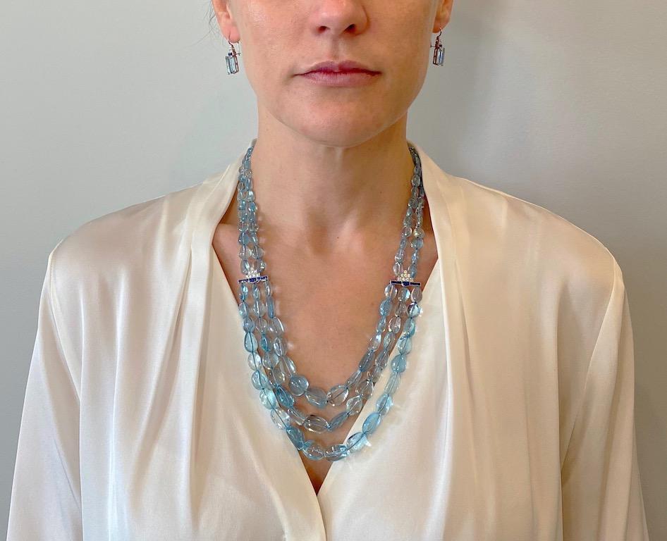 443,57 Karat Aquamarin Multi-Strand-Halskette mit Saphir, Diamant, Platin im Zustand „Neu“ im Angebot in Charleston, SC
