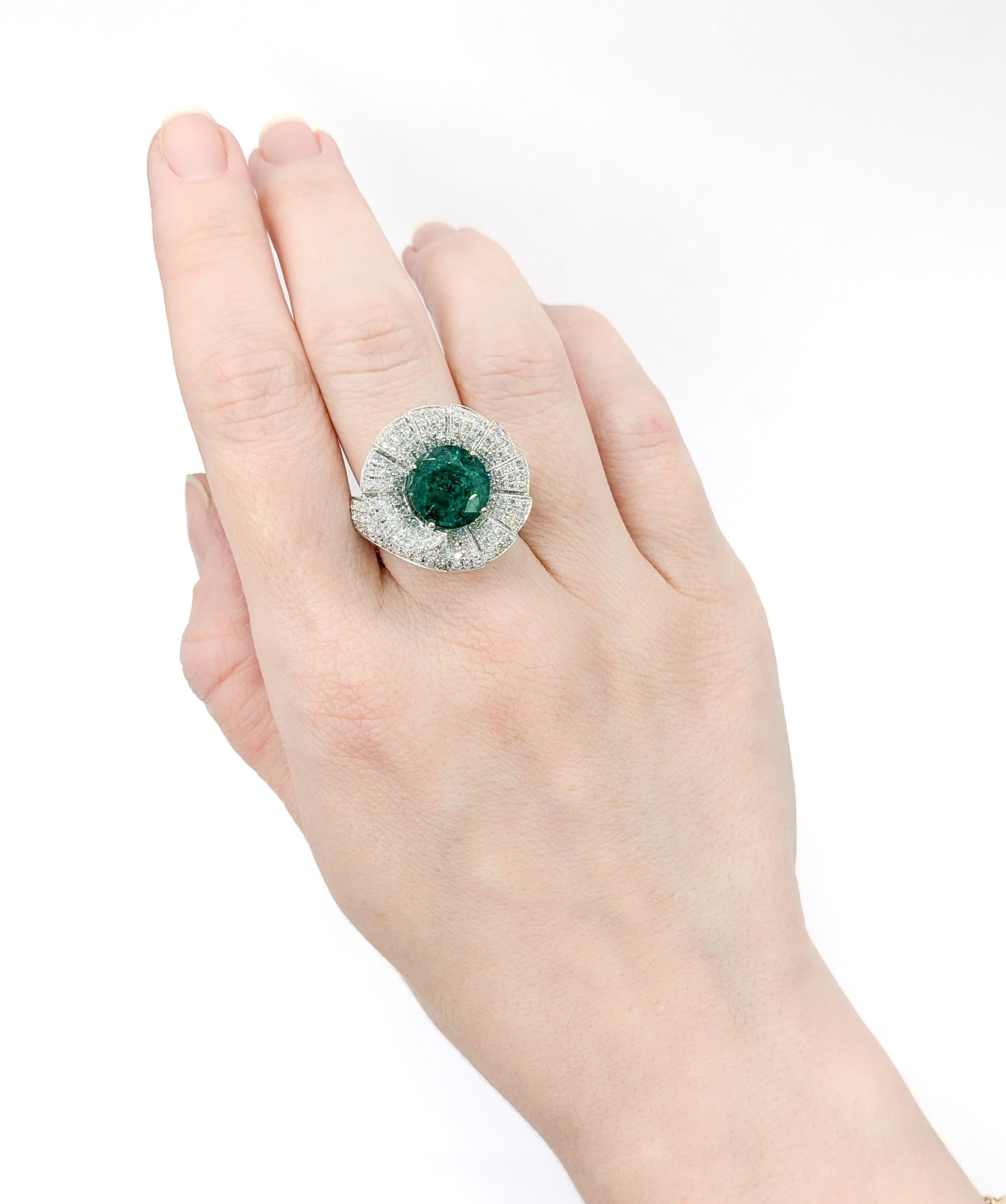 Round Cut 4.43ct Emerald Ring With Diamonds In 18kt White Gold