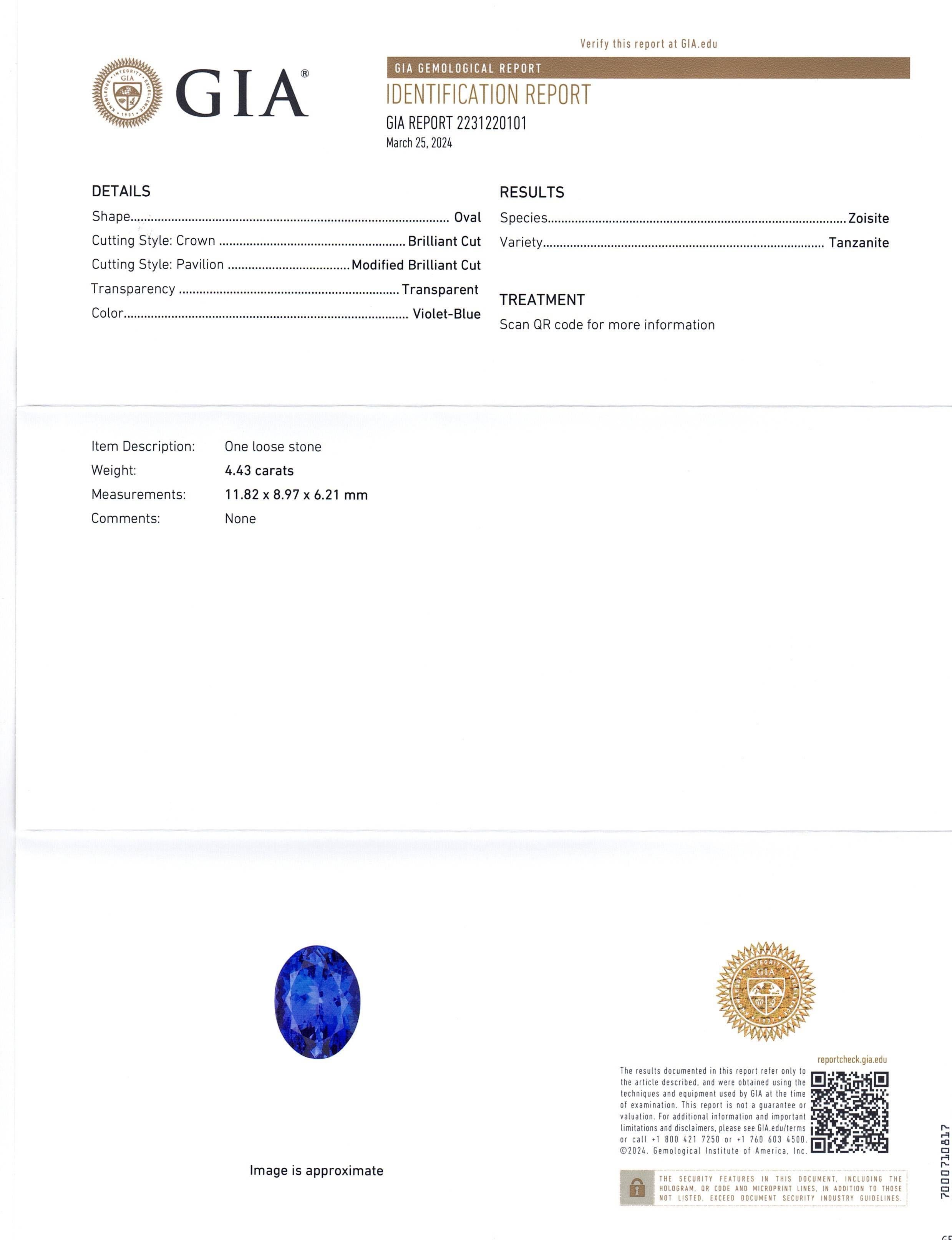 This is a stunning GIA Certified Tanzanite 


The GIA report reads as follows:

GIA Report Number: 2231220101
Shape: Oval
Cutting Style: 
Cutting Style: Crown: Brilliant Cut
Cutting Style: Pavilion: Modified Brilliant Cut
Transparency: