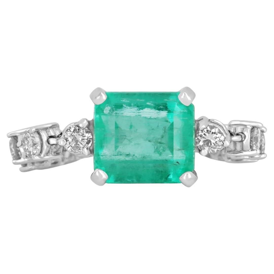 4.43tcw 14K Colombian Emerald-Emerald Cut & Diamond Shank White Gold Ring For Sale
