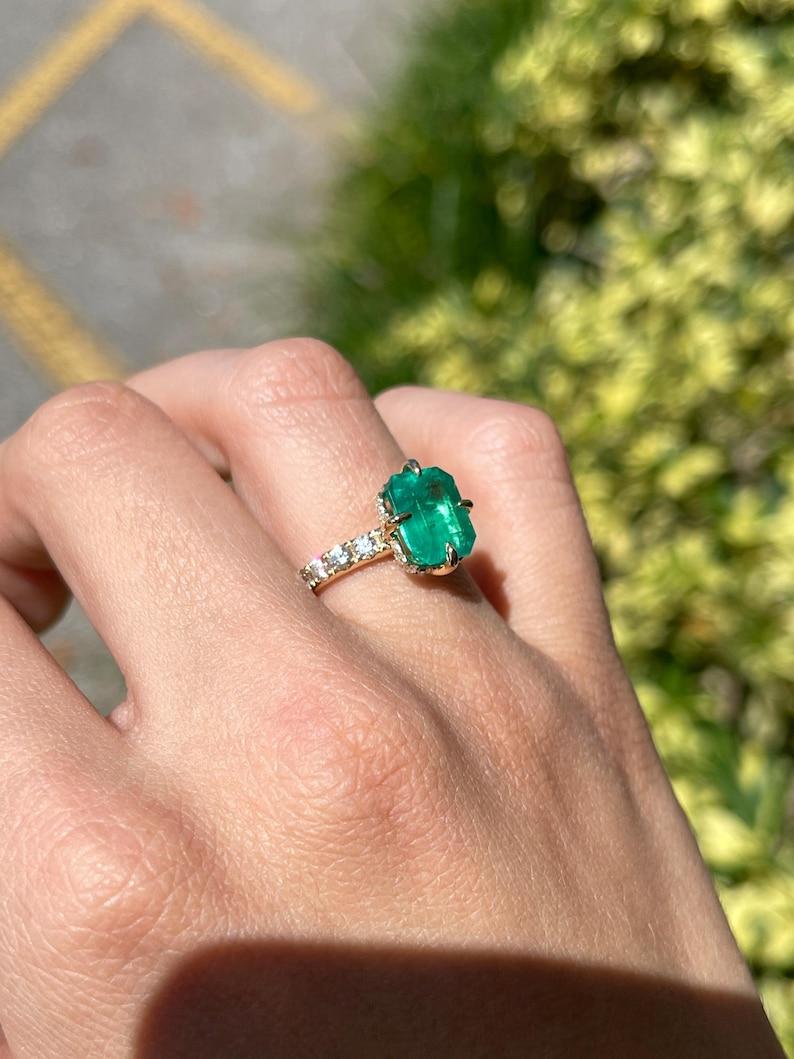 Emerald Cut 4.43tcw 18K Colombian Emerald Ring - Hidden Diamond Halo Solitaire Accents For Sale
