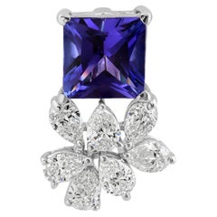 4.43TcwPrincess Cut Tanzanite Pendant With Natural Diamond Petals 18K Solid Gold