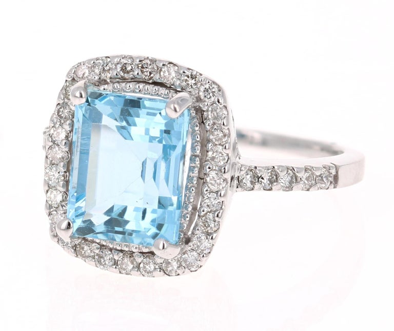 4.44 Carat Emerald Cut Aquamarine Diamond White Gold Cocktail Ring at ...