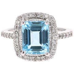 4.44 Carat Emerald Cut Aquamarine Diamond White Gold Cocktail Ring