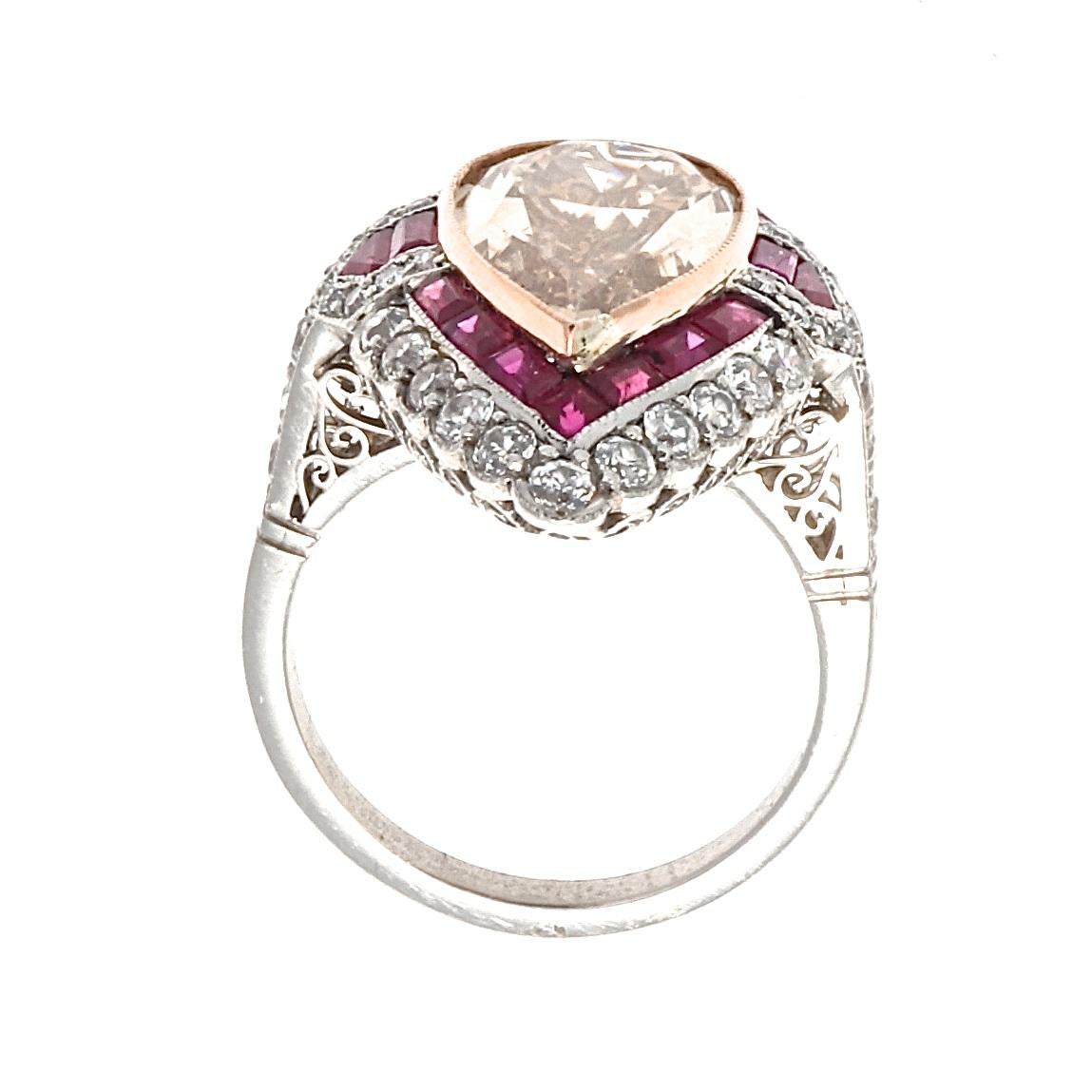 Art Deco 4.44 Carat Natural Fancy Color Diamond Ruby Platinum Ring