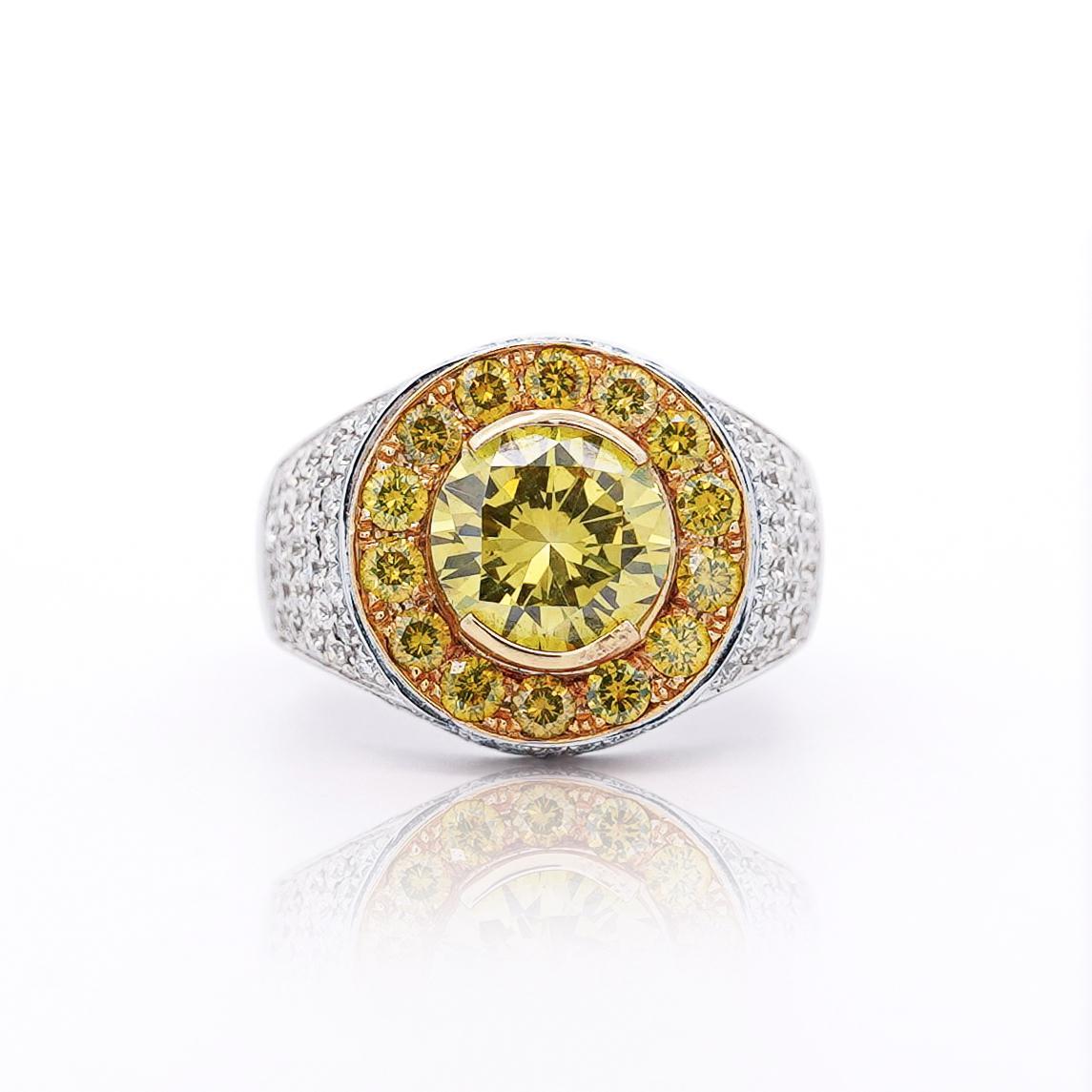 Anello da uomo con diamante giallo taglio rotondo in oro 18 carati da 4,44 carati in vendita 8
