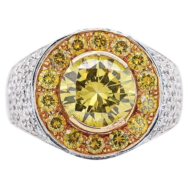 4.44 Carat Round Cut Yellow Diamond 18K Gold Halo Mens Ring