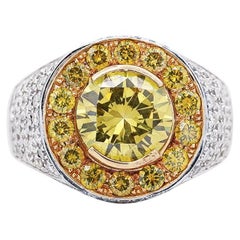 4.44 Carat Round Cut Yellow Diamond 18K Gold Halo Mens Ring