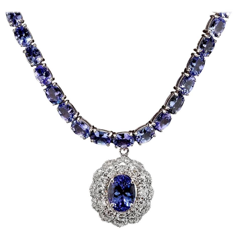 44.40 Carat Natural Tanzanite and Diamond 14 Karat Solid White Gold Necklace For Sale