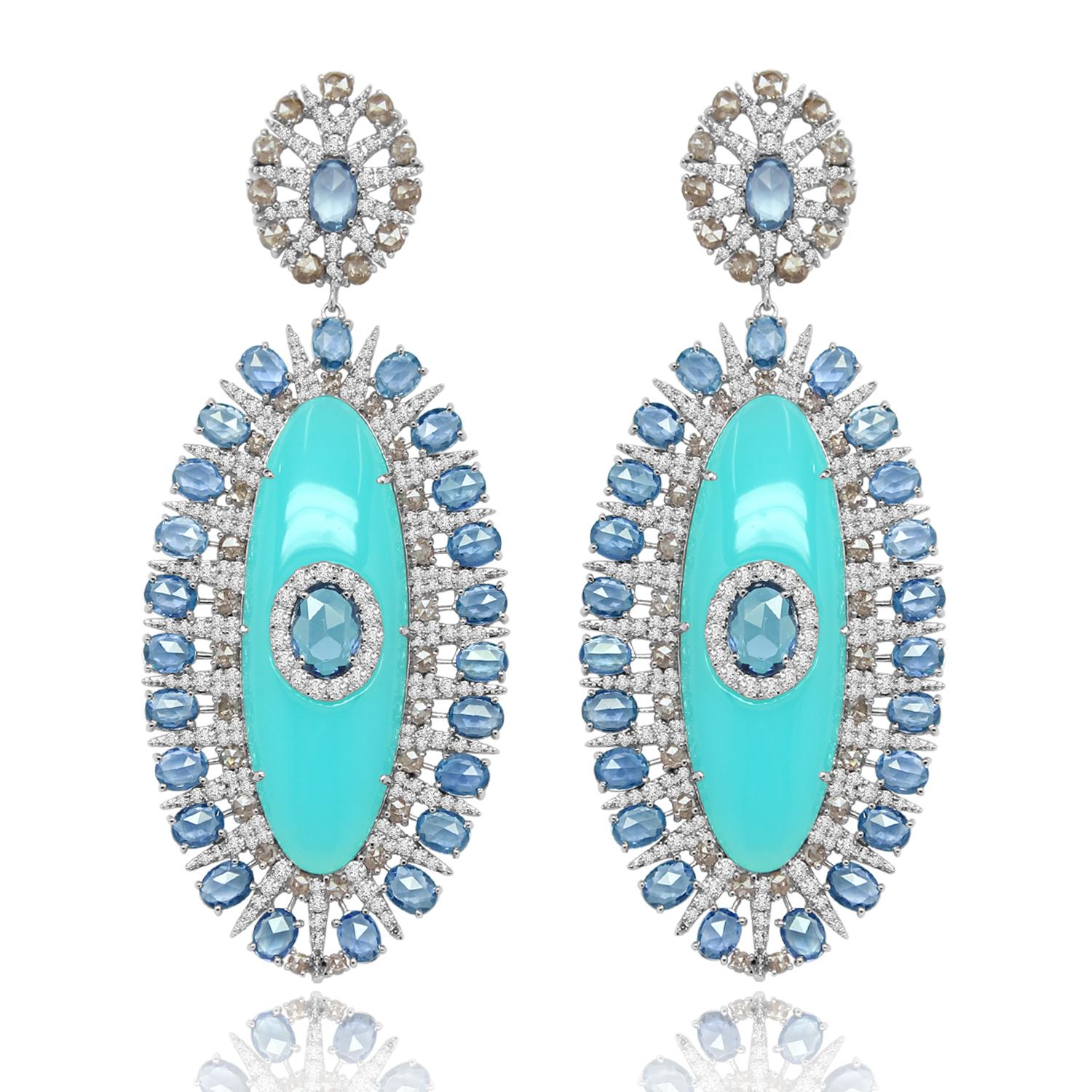 Modern 44.41 Carat Agate Blue Sapphire Diamond 14 Karat White Gold Earrings