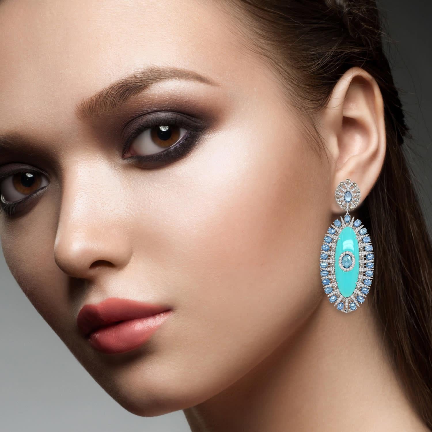 Mixed Cut 44.41 Carat Agate Blue Sapphire Diamond 14 Karat White Gold Earrings