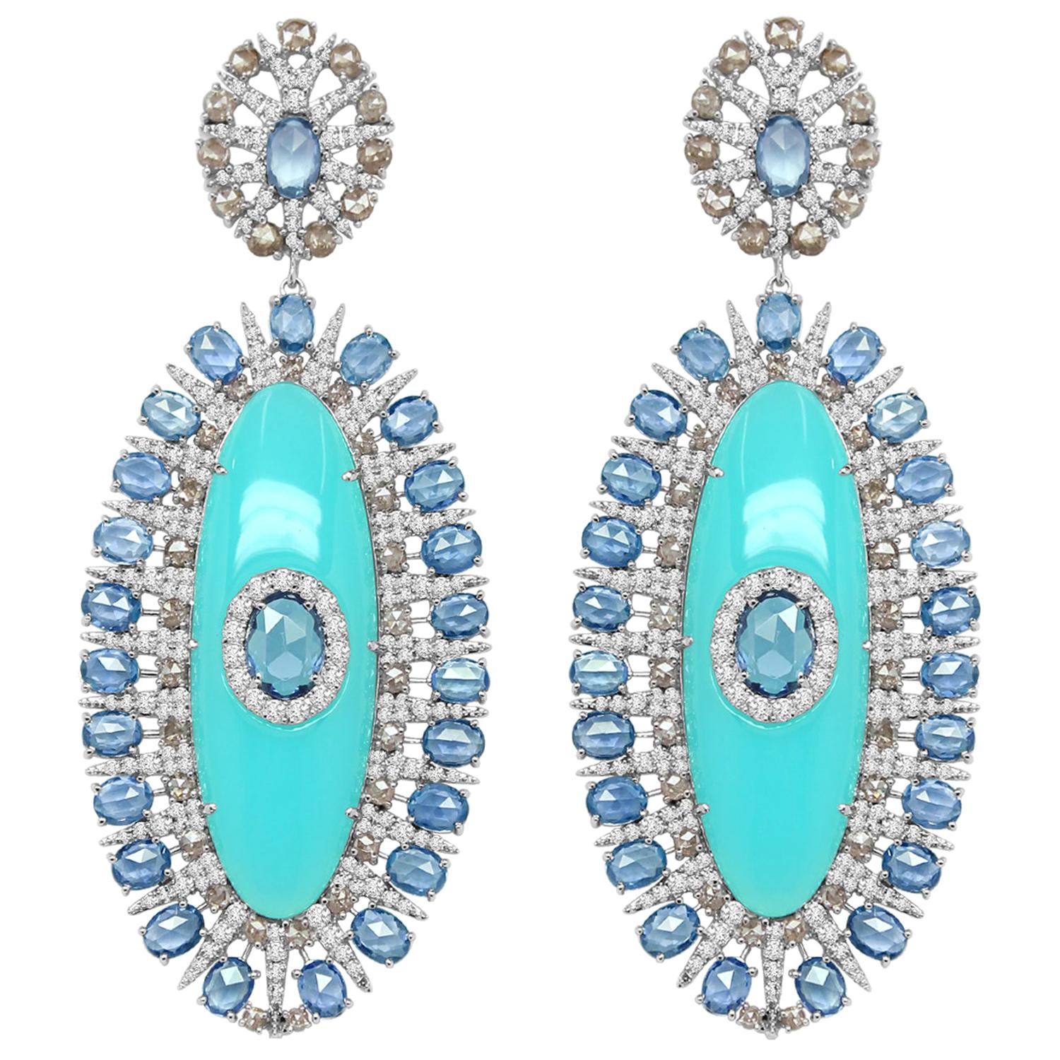 44.41 Carat Agate Blue Sapphire Diamond 14 Karat White Gold Earrings