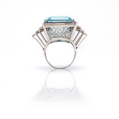 AGL 47.95 Carats Emerald Cut Aquamarine Ring, French Cut Sapphires, Diamonds, PT