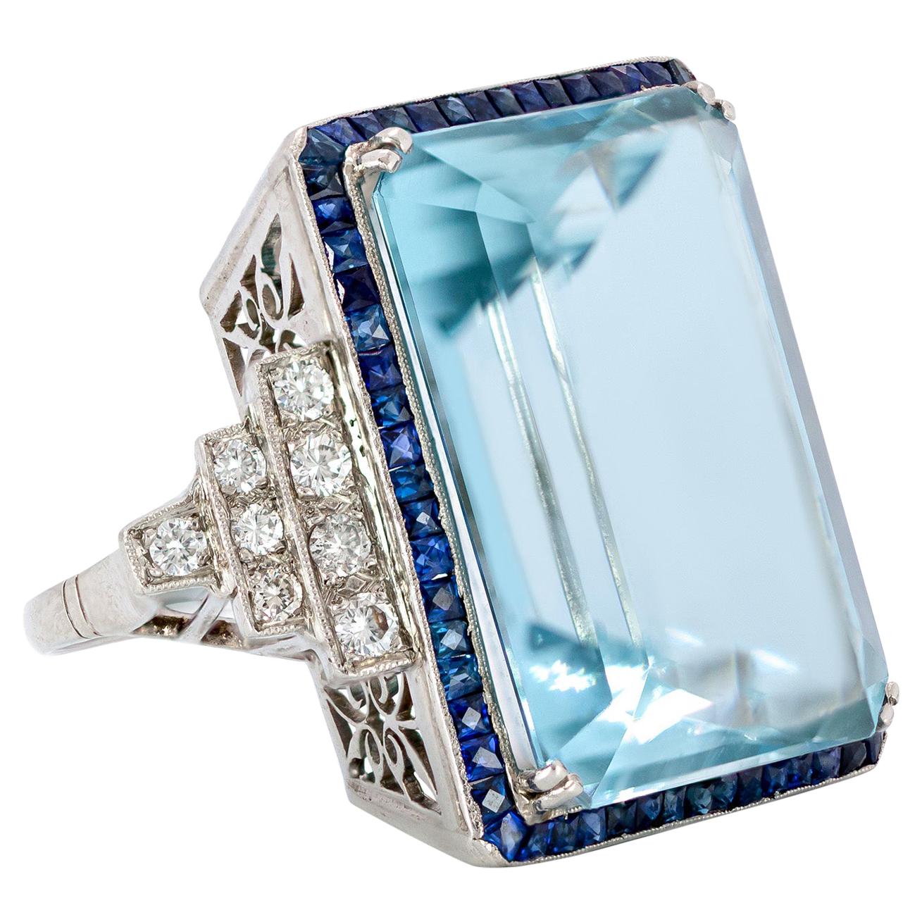 AGL 47.95 Carats Emerald Cut Aquamarine Ring, French Cut Sapphires, Diamonds, PT