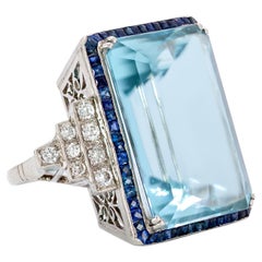 Vintage AGL 47.95 Carats Emerald Cut Aquamarine Ring, French Cut Sapphires, Diamonds, PT