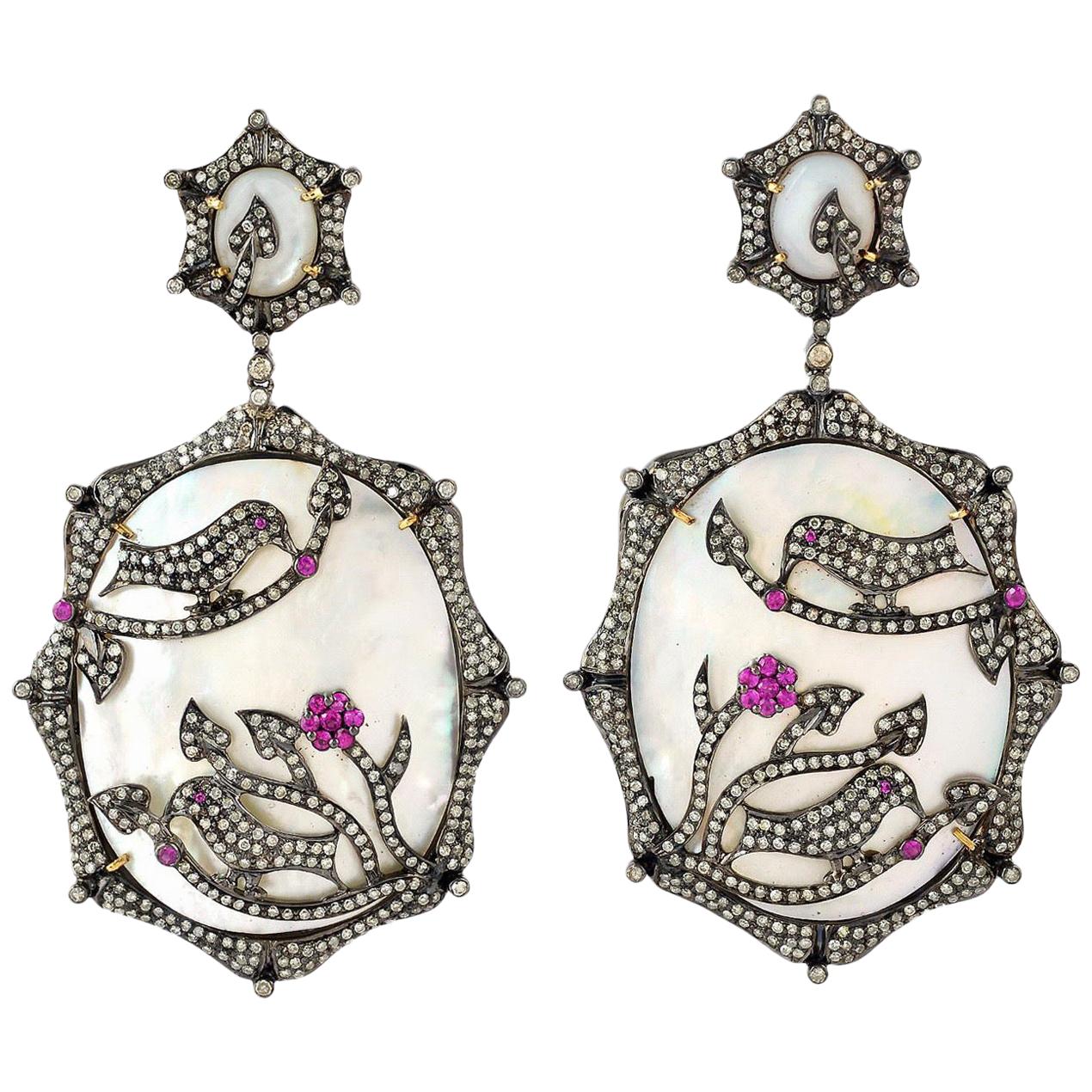 44.42 Carat Mother of Pearl Ruby Diamond Bird Earrings For Sale