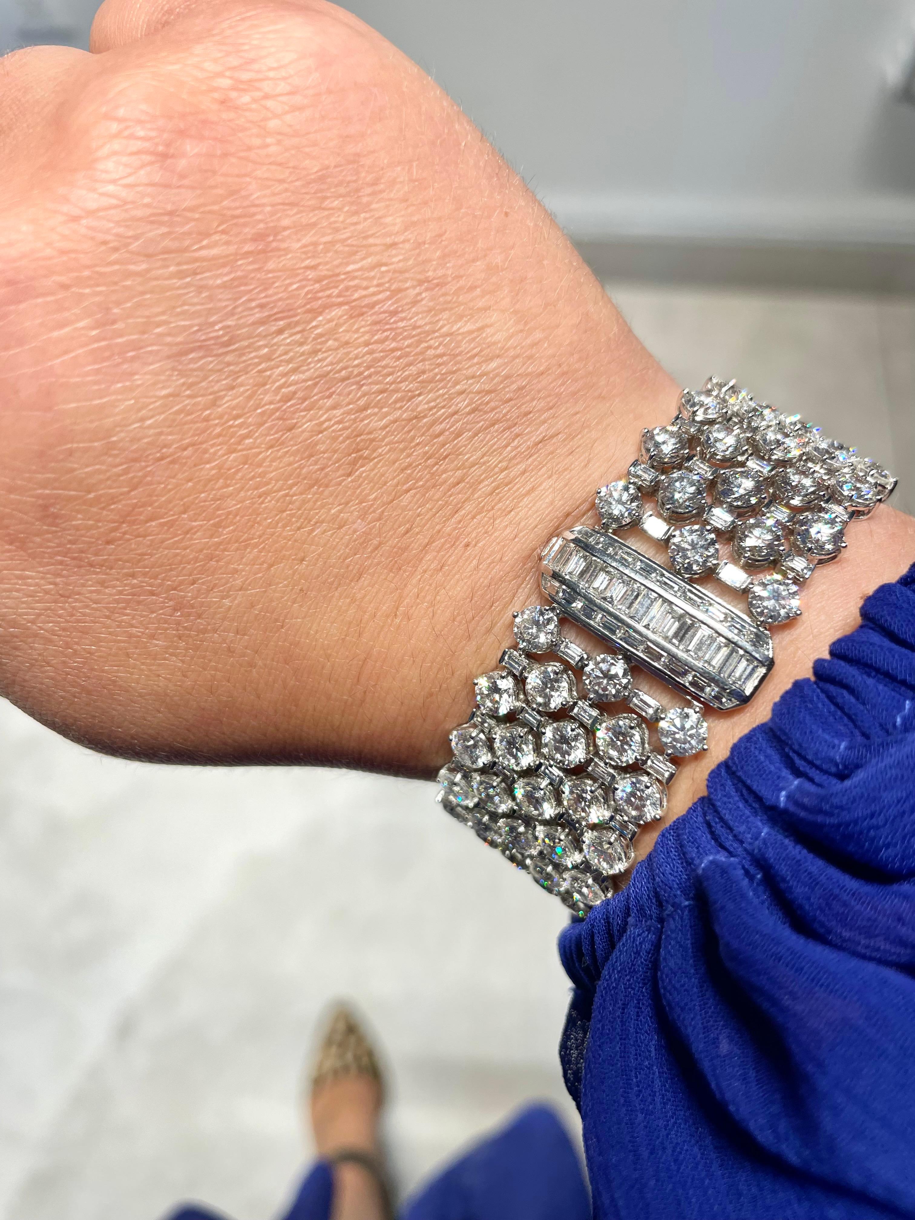 Contemporary J. Birnbach 44.46 Carat Five Row Round Diamond Bracelet with Baguette Clasp For Sale