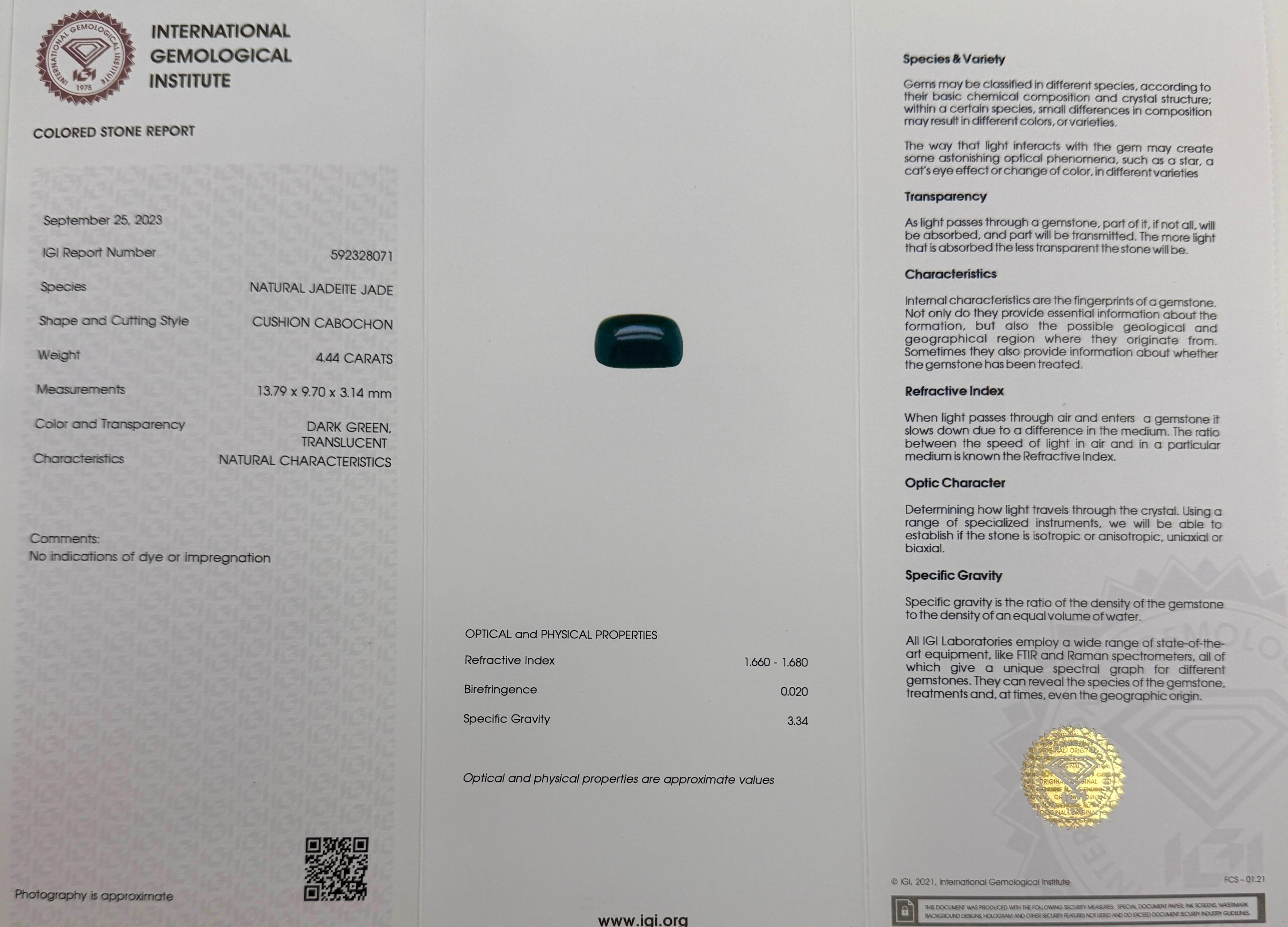 4,44ct IGI zertifiziert unbehandelten Jadeit Jade A Grade 18k Gold Kissen Anhänger (Cabochon) im Angebot