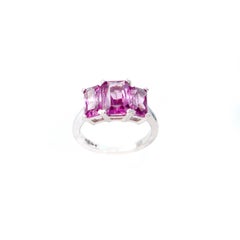 4.44ct Vivid Pinkish Purple Rhodolite Garnet 18 Karat White Gold 3 Stone Ring