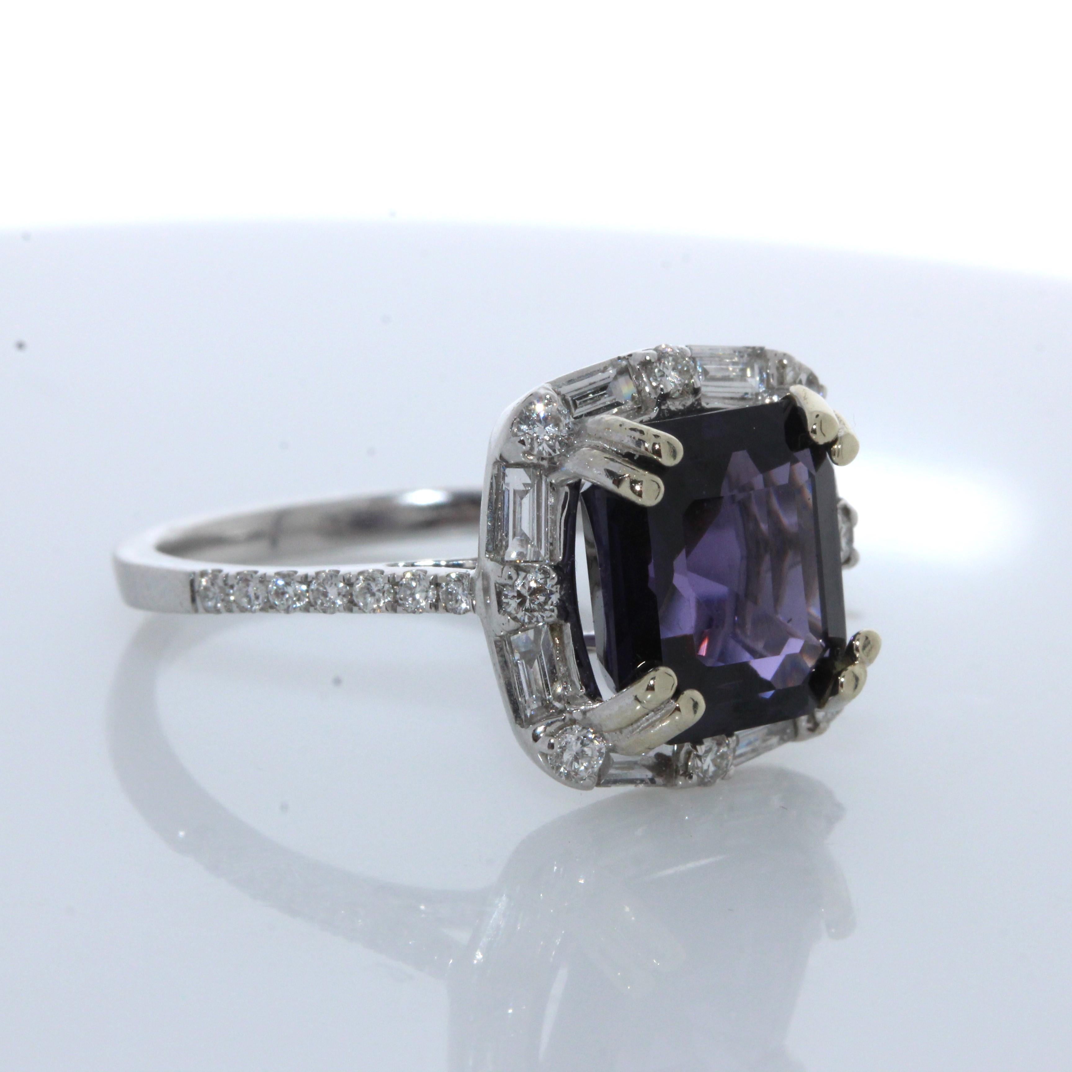 Contemporary 4.45 Carat Cushion Purple Spinel and Diamond Ring in 14K White Gold For Sale