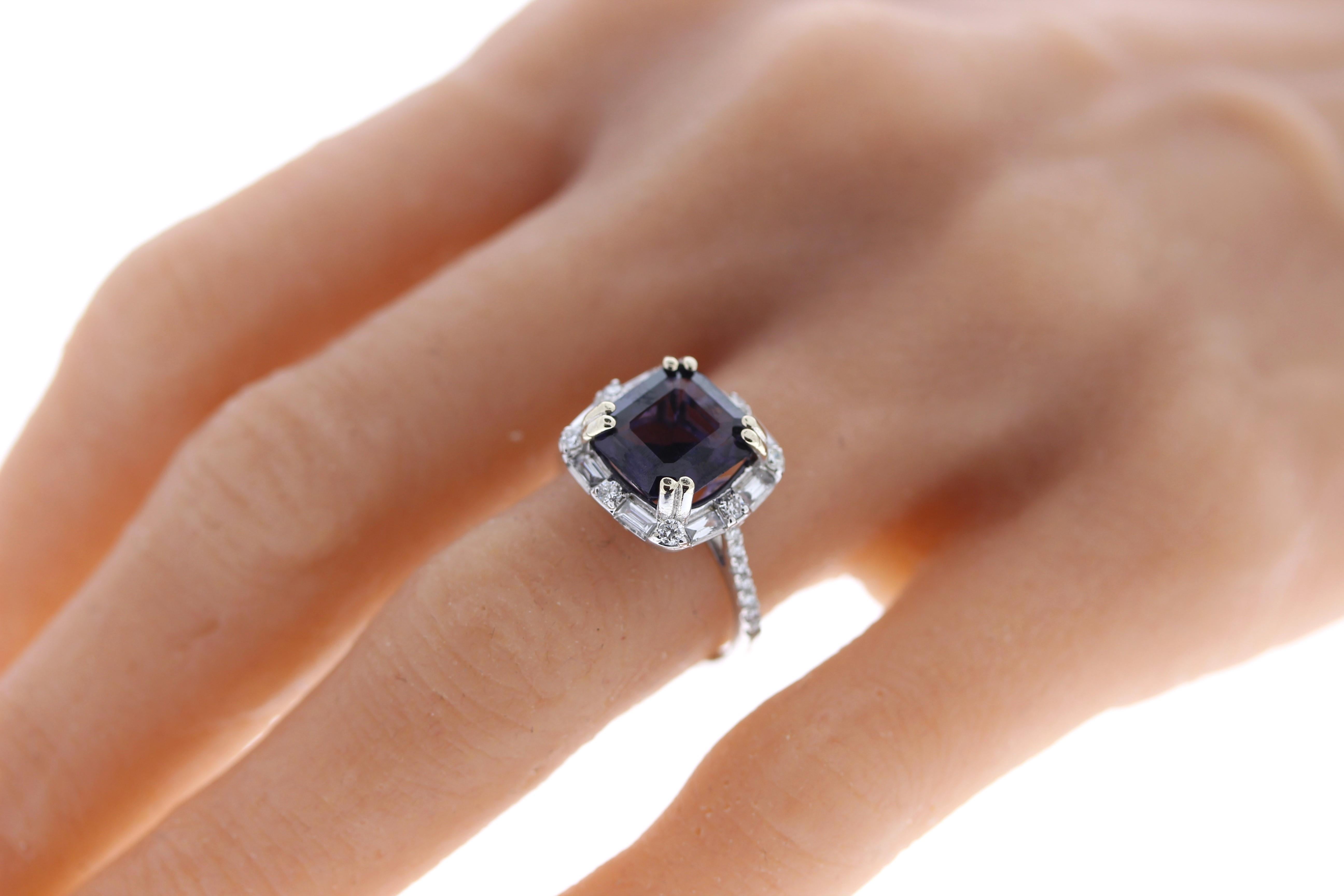Cushion Cut 4.45 Carat Cushion Purple Spinel and Diamond Ring in 14K White Gold For Sale